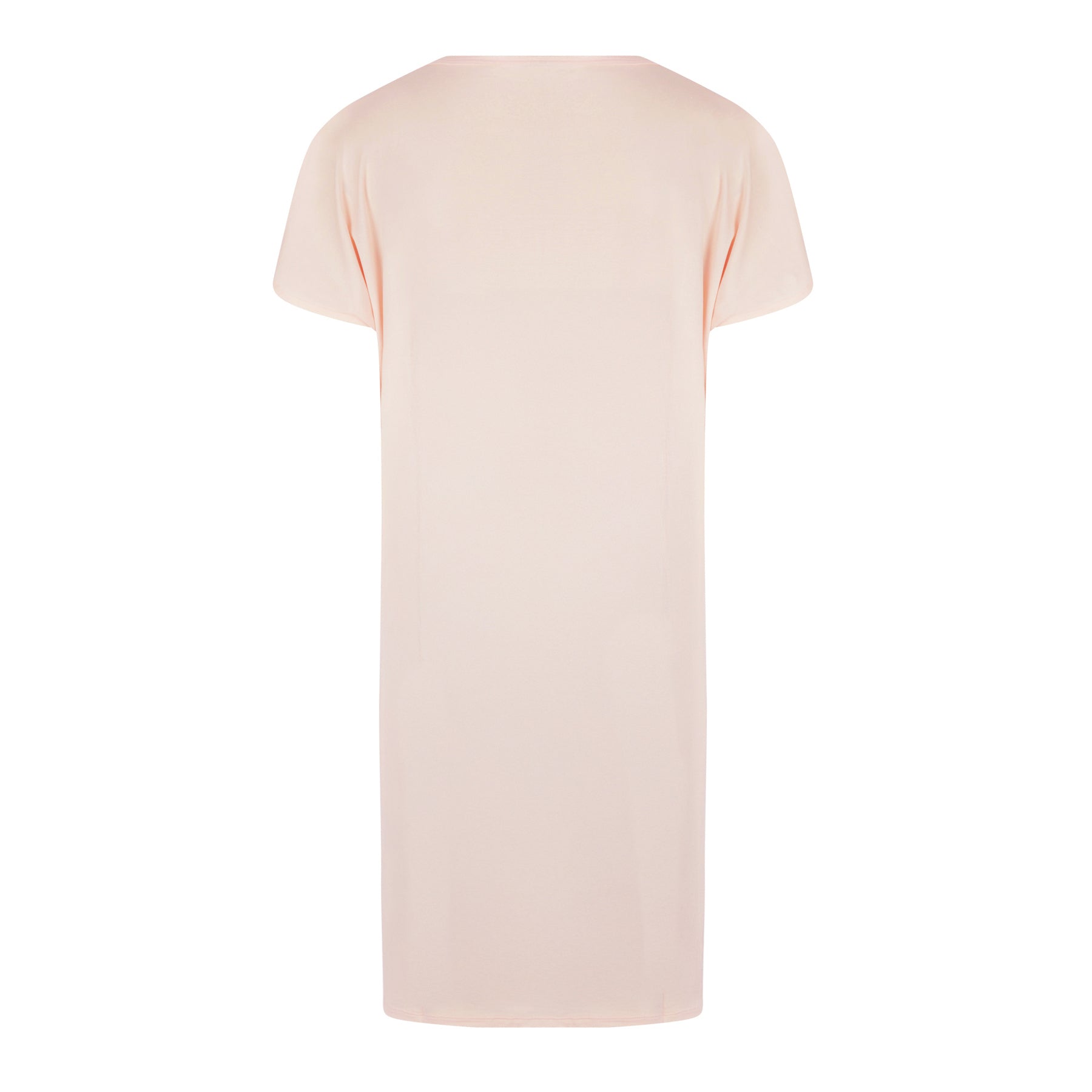 Back view of magnolia beige knee-length nightgown with short sleeves and smooth minimalist silhouette.