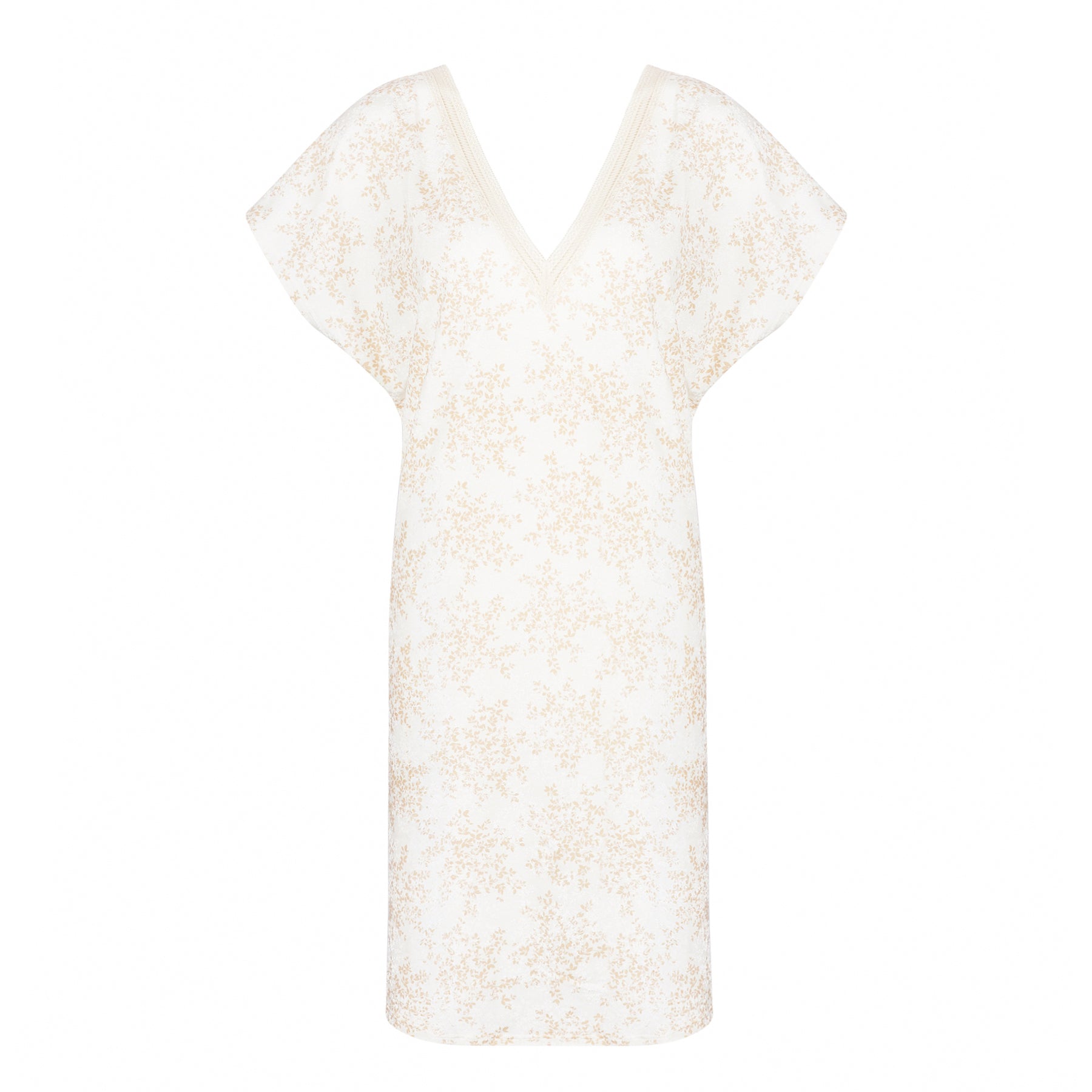Antigel floral print nightdress in ivory and beige with a V-neckline, short sleeves, and a relaxed silhouette.