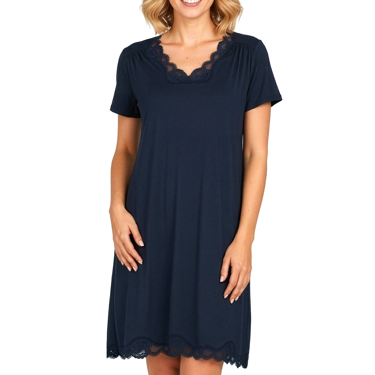Antigel navy blue short sleeve nightie with delicate lace trim along the V-neckline and hem, front view on model.