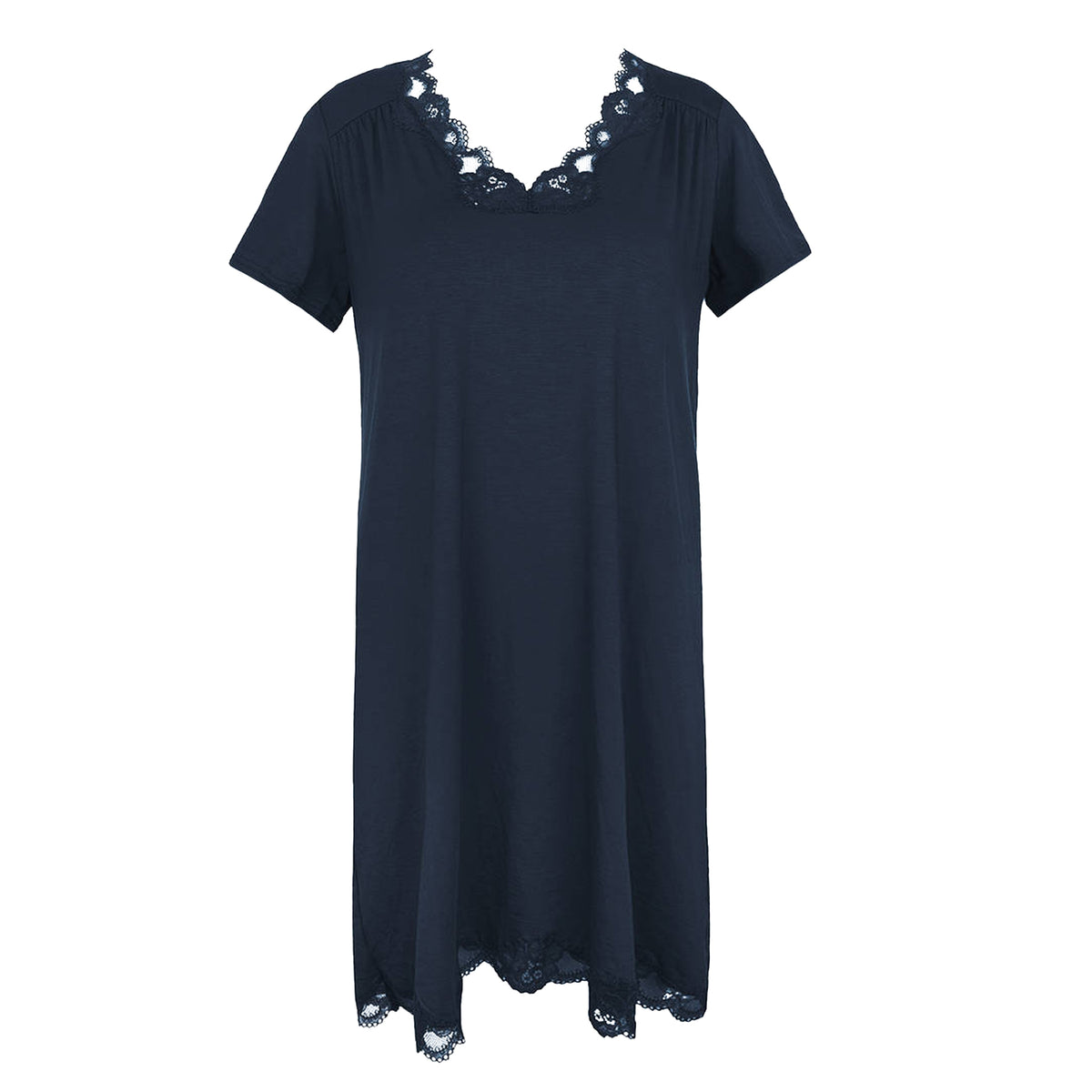 Antigel navy blue nightie with short sleeves, lace-trimmed neckline and scalloped lace hem, front product view.