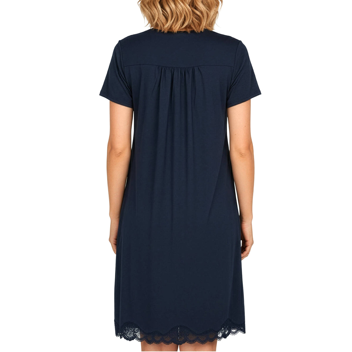 Antigel navy blue short sleeve nightie with softly gathered back and scalloped lace-trimmed hem, back view on model.