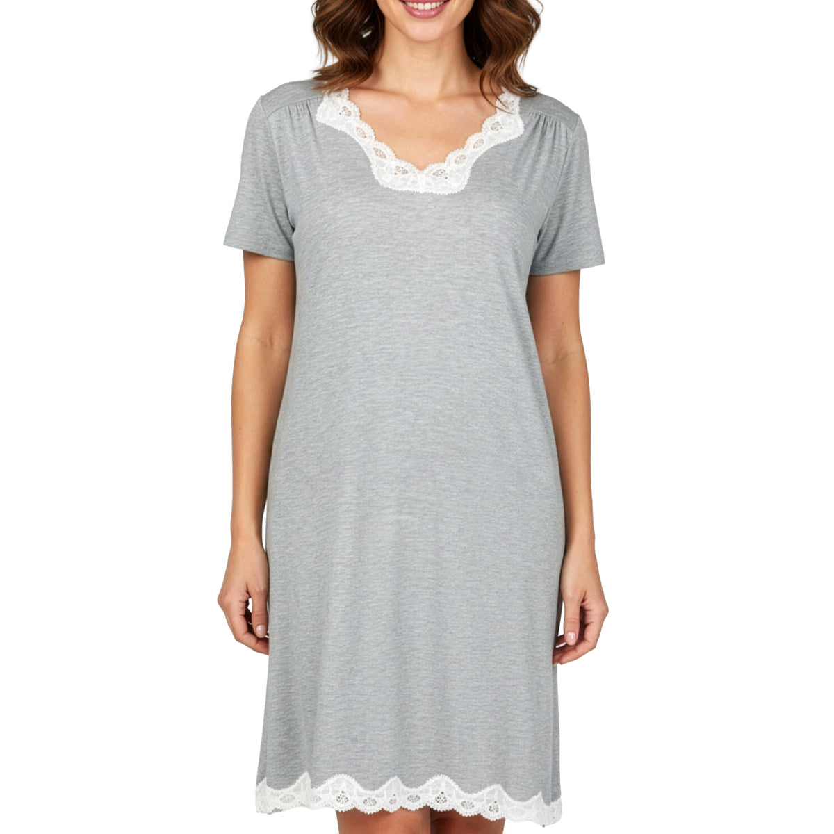 Antigel grey short sleeve nightie with white lace trim along the neckline and hem, front view on model.