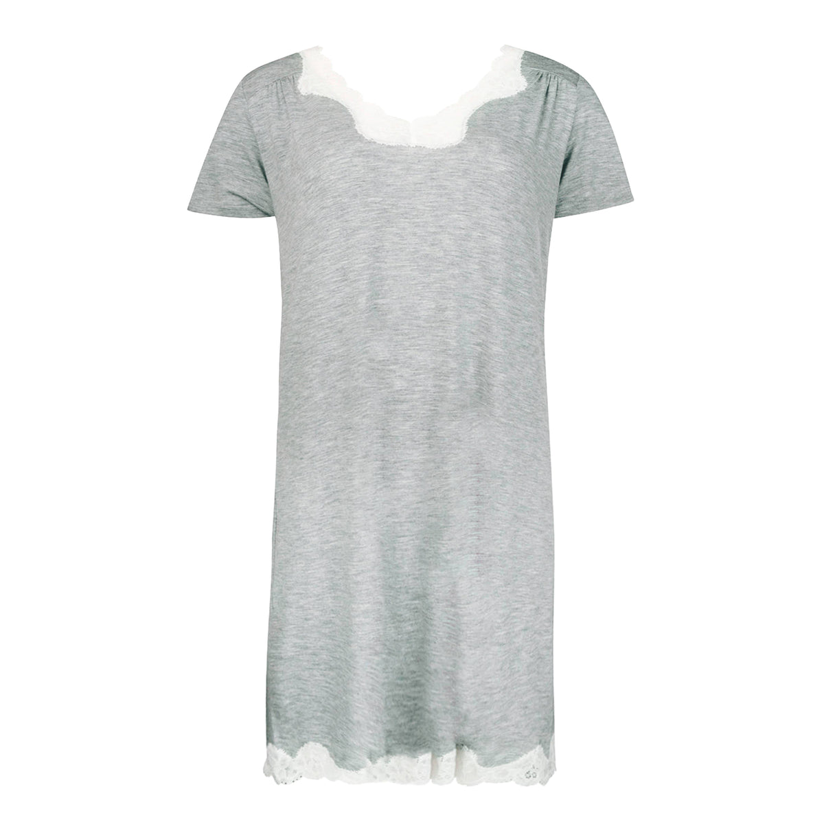 Antigel grey short sleeve nightie with delicate white lace neckline and scalloped lace hem, front product view.