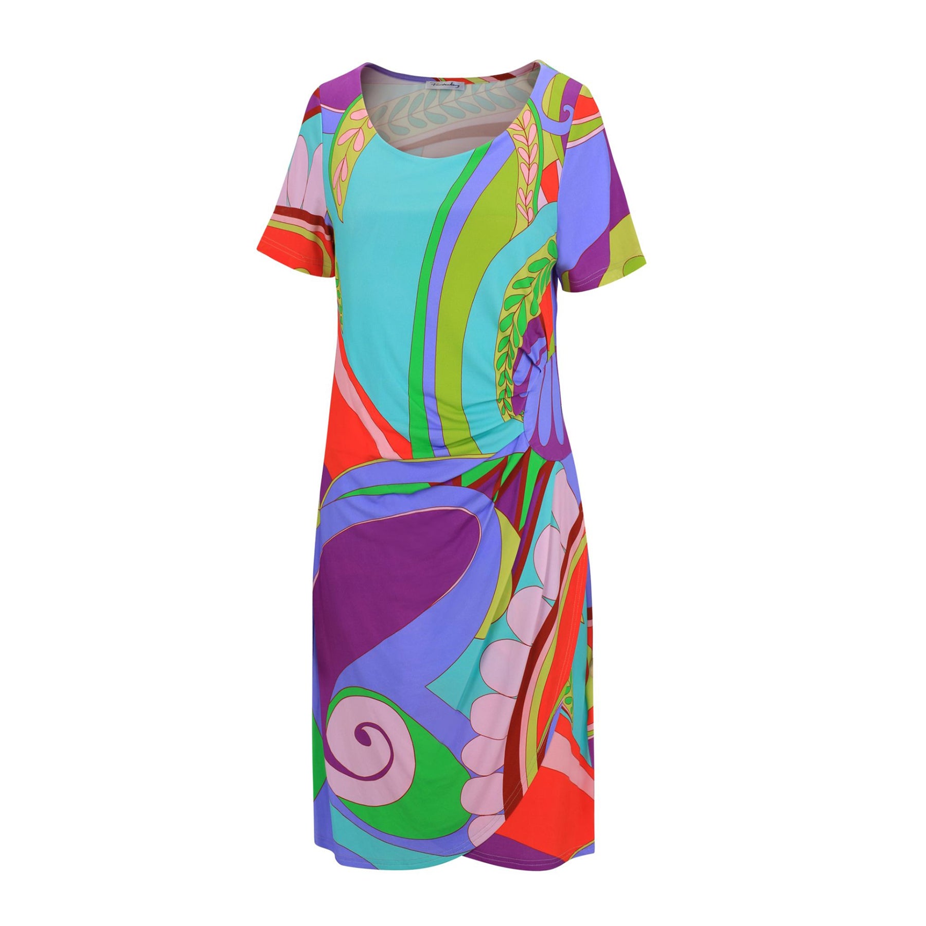 Short sleeve beach dress with abstract swirl print in bright purple, green, turquoise, and coral