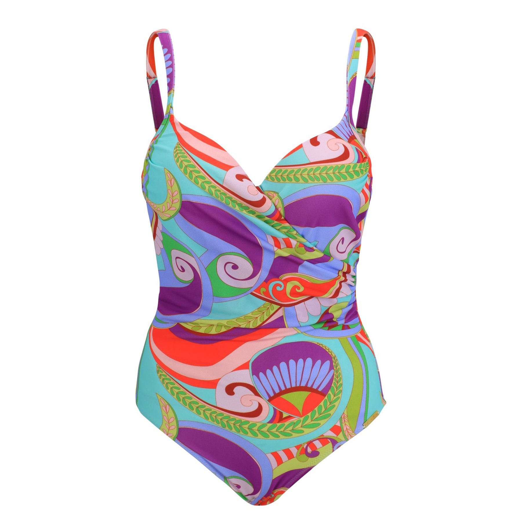 Front view of wrap-front one-piece swimsuit with multicolour swirl print and ruched neckline