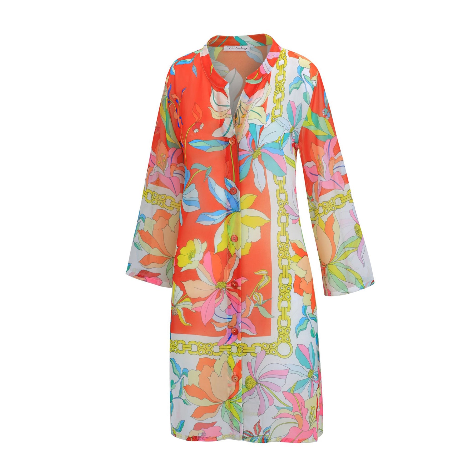 Long sleeve button-down beach tunic in coral with multicolour floral and gold chain print
