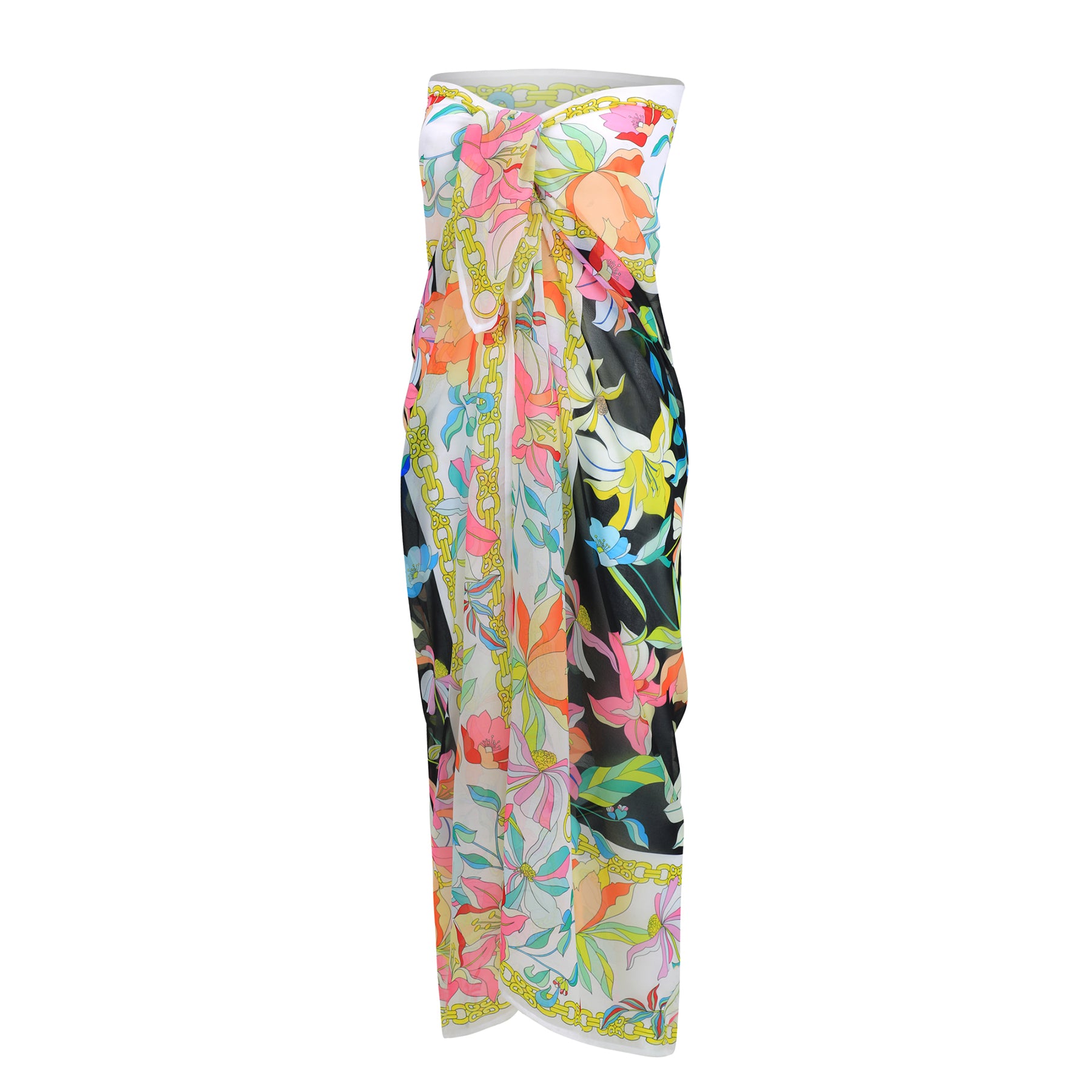 Furstenberg floral scarf styled as a sarong with multicolour flowers and black contrast.