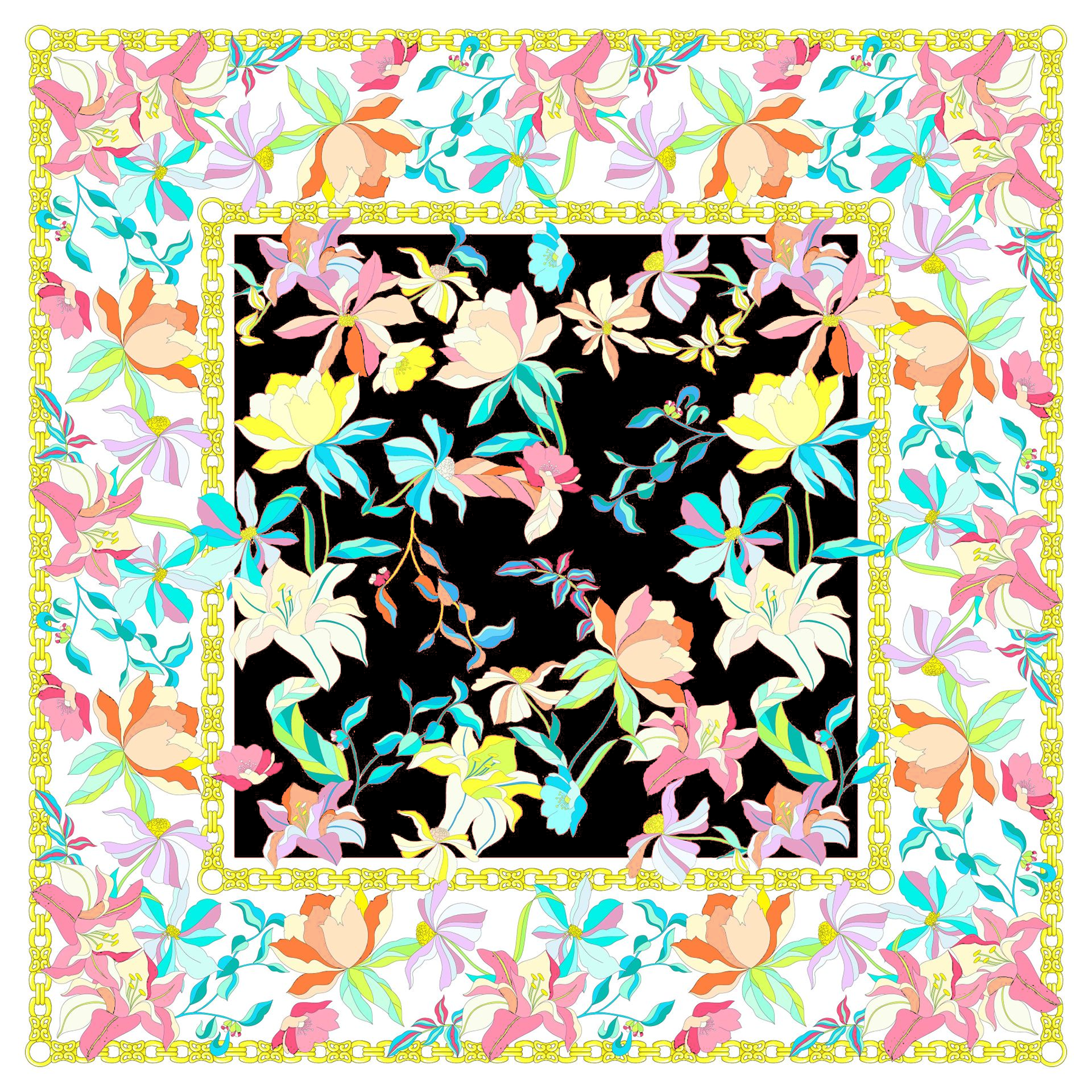 Colourful oversized floral scarf with black centre and yellow border by Furstenberg.
