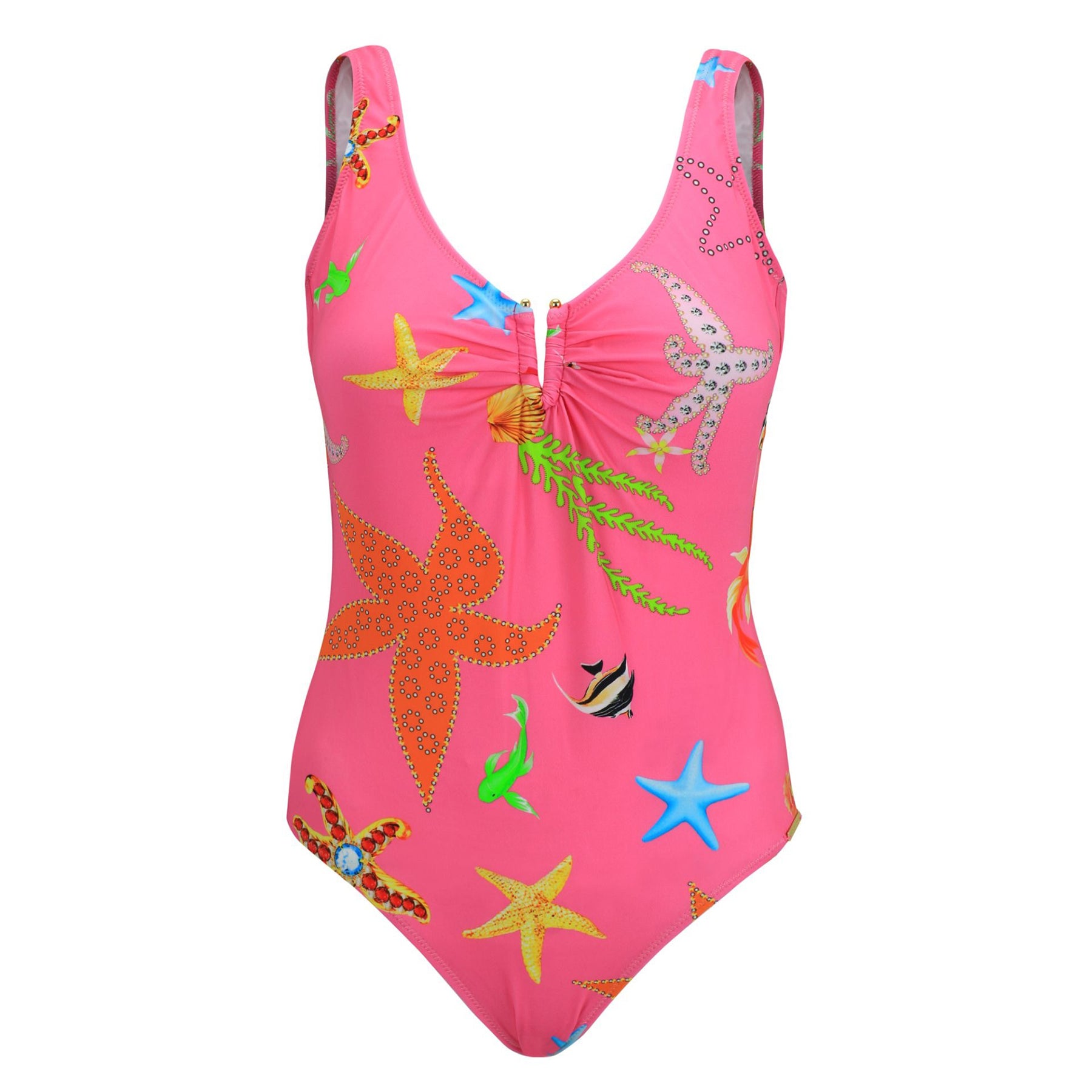 Front view of pink one-piece swimsuit with colourful starfish, seaweed, and tropical fish print and ruched neckline