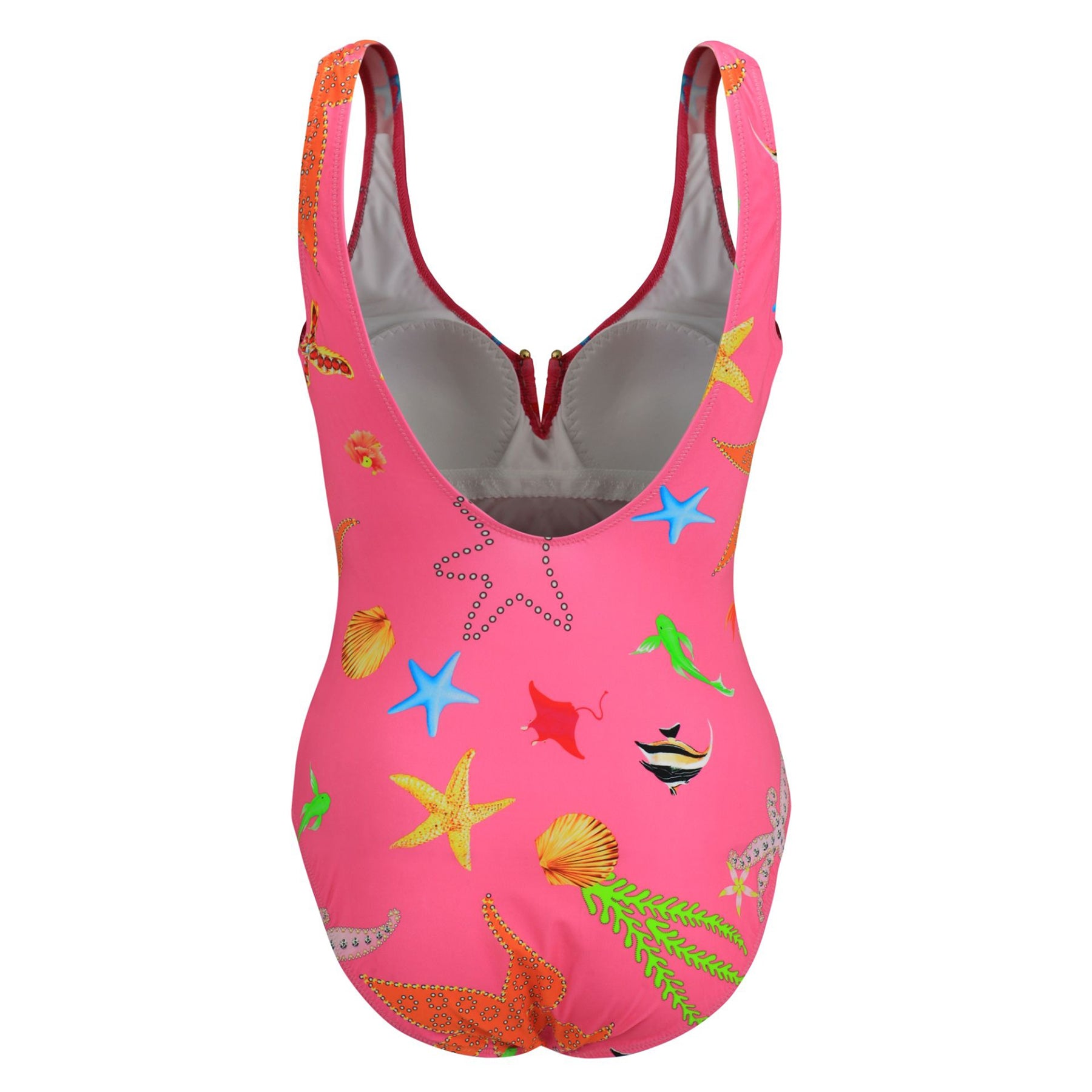Back view of soft cup pink swimsuit with scoop back and multicolour sea life pattern including shells and fish