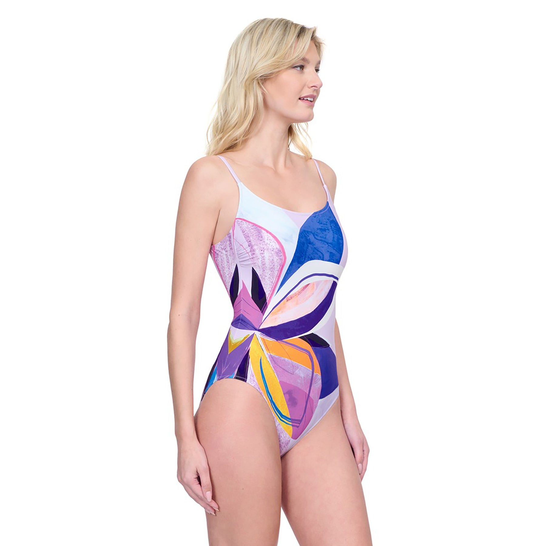 Side profile of Gottex Paradiso purple multi one-piece swimsuit with slim spaghetti straps and sculpting silhouette