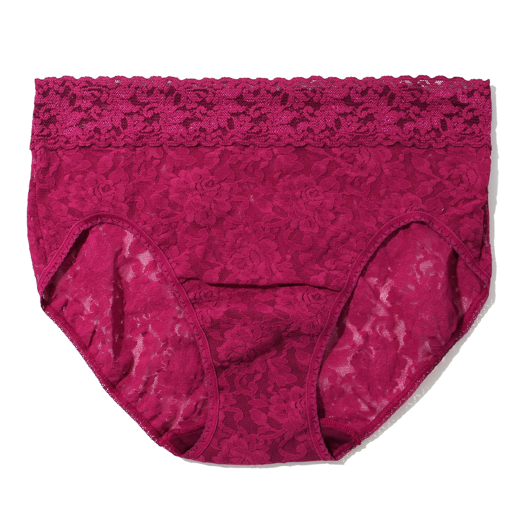 Hanky Panky Full French Brief in Merlot – high-waisted lace panty with full coverage and scalloped floral trim in a rich berry hue.