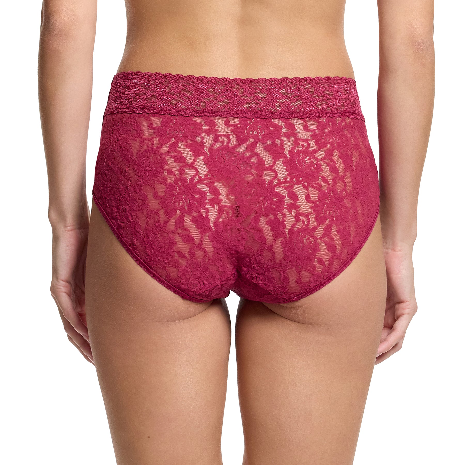 Back view of Hanky Panky Full French Brief in Merlot – full rear coverage lace panty with delicate scalloped edges and floral mesh design.