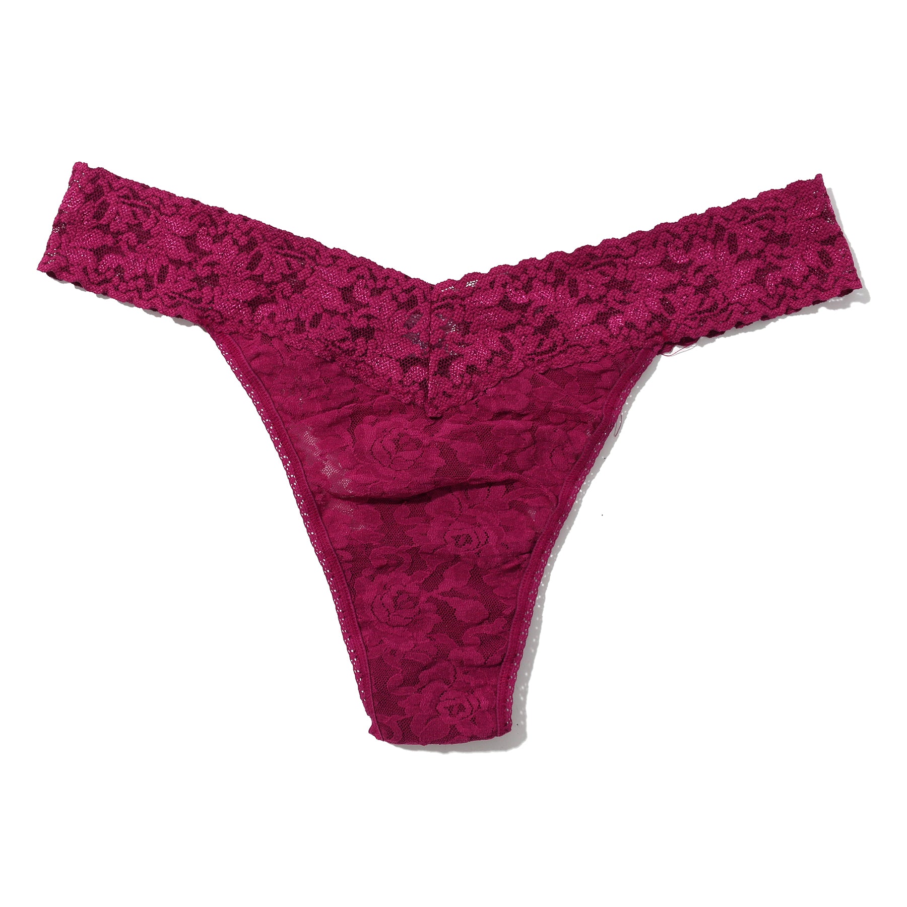 Hanky Panky Original Rise Thong in Merlot – rich burgundy lace thong with signature V-front waistband and soft floral pattern.