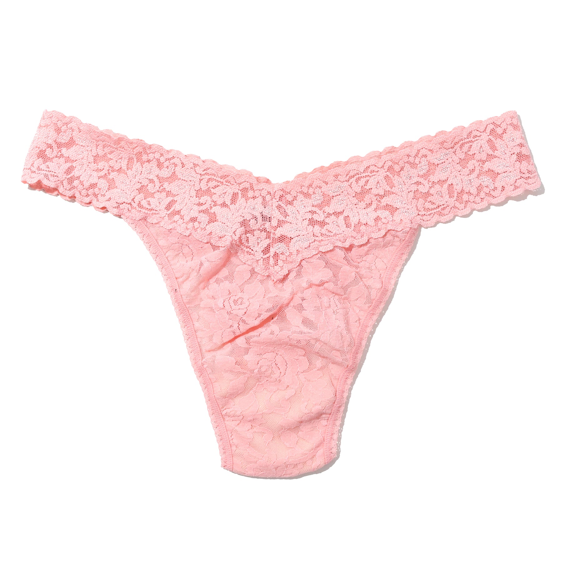 Hanky Panky Original Rise Thong in Pretty in Peach – soft stretch lace thong with floral pattern and signature V-front waistband.