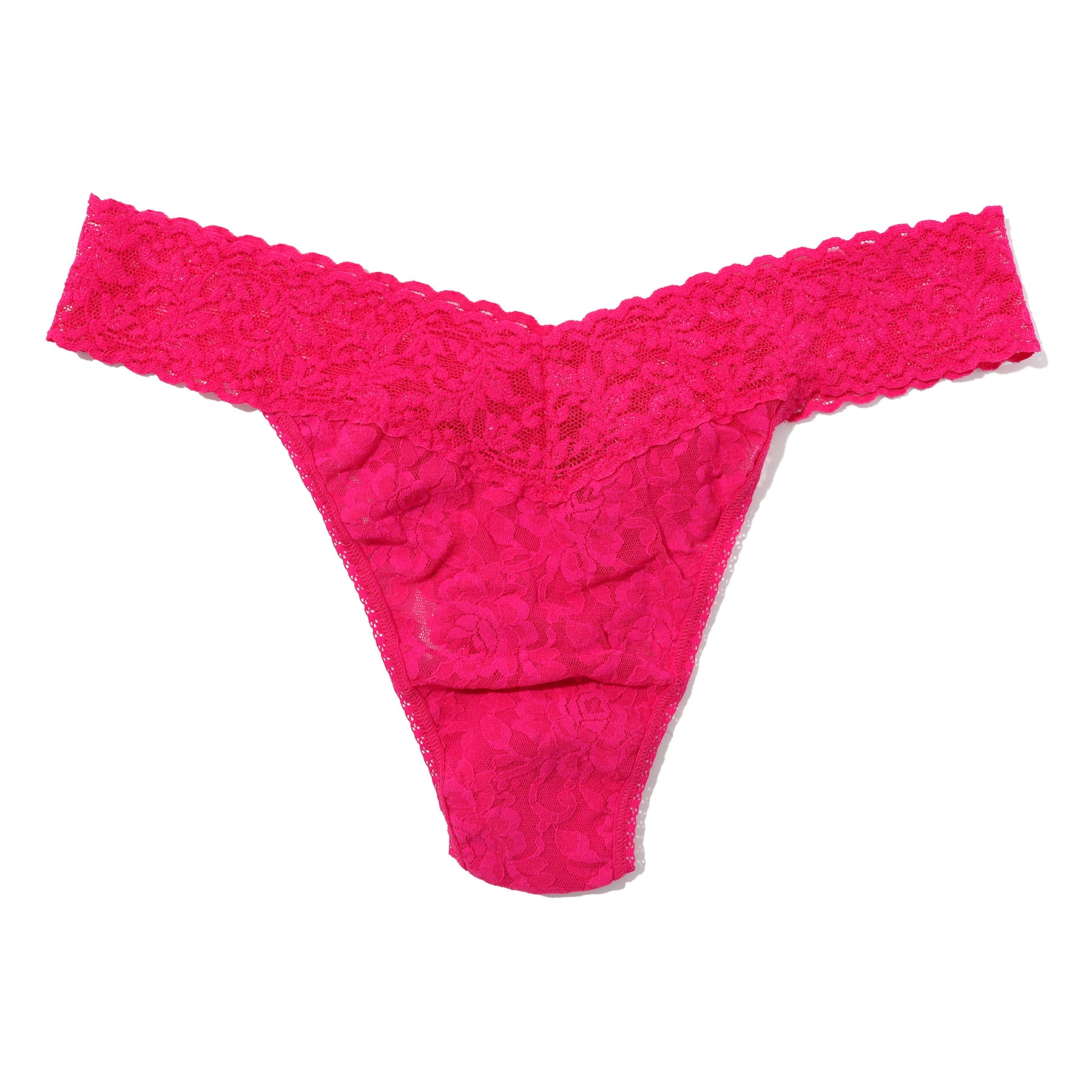 Bright fuchsia lace original rise thong with soft scalloped waistband and floral stretch lace on a white background