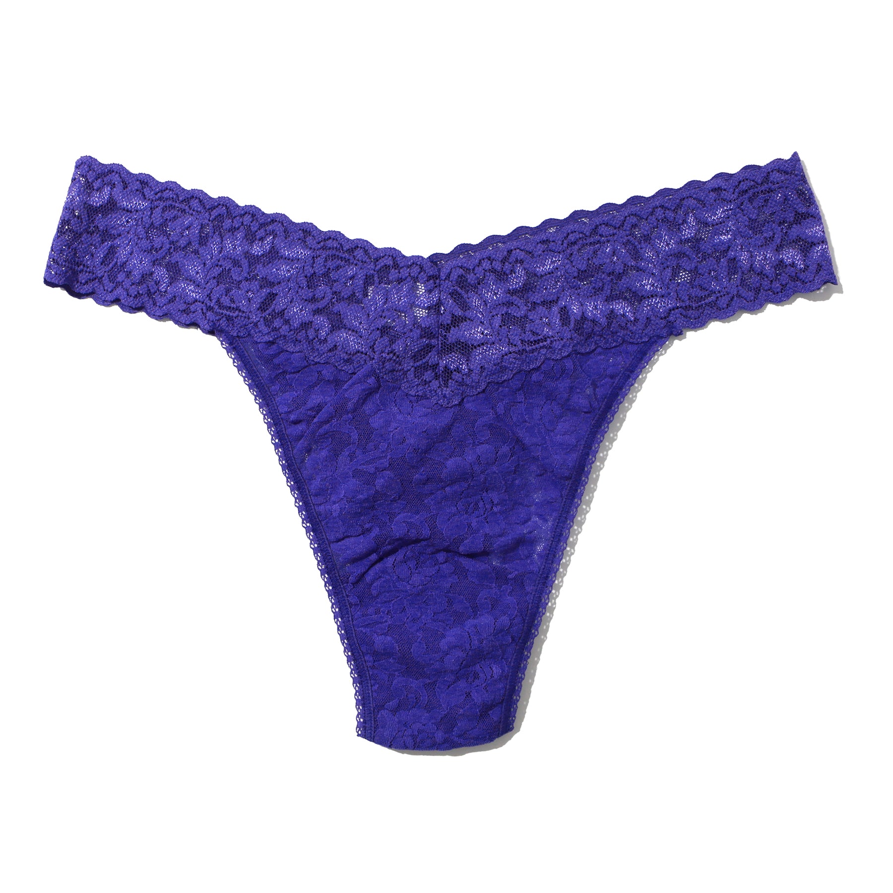 Lace original rise thong in dark purple violets are blue, flat lay without model.