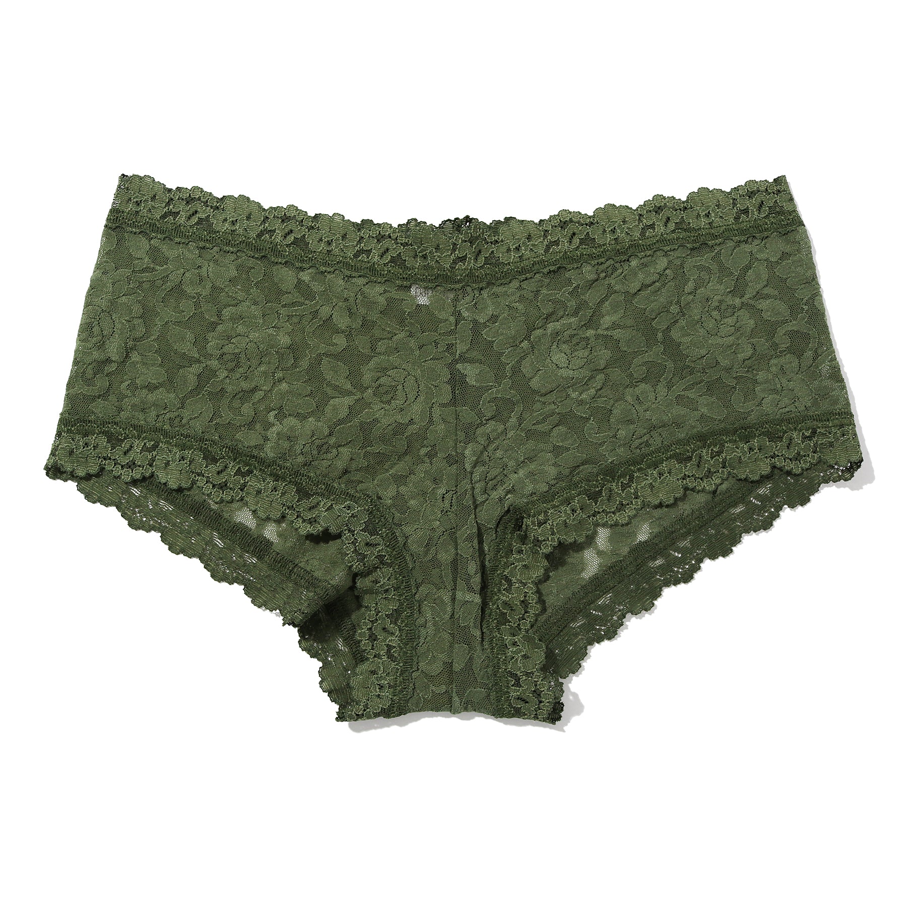 Flat lay of Hanky Panky 4812 lace boyshort in herb garden green – allover lace pattern