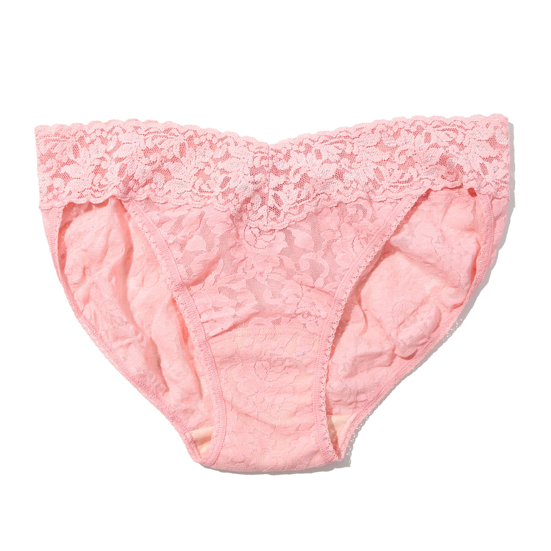 Flat lay of pink lace V-kini panty with floral detailing.