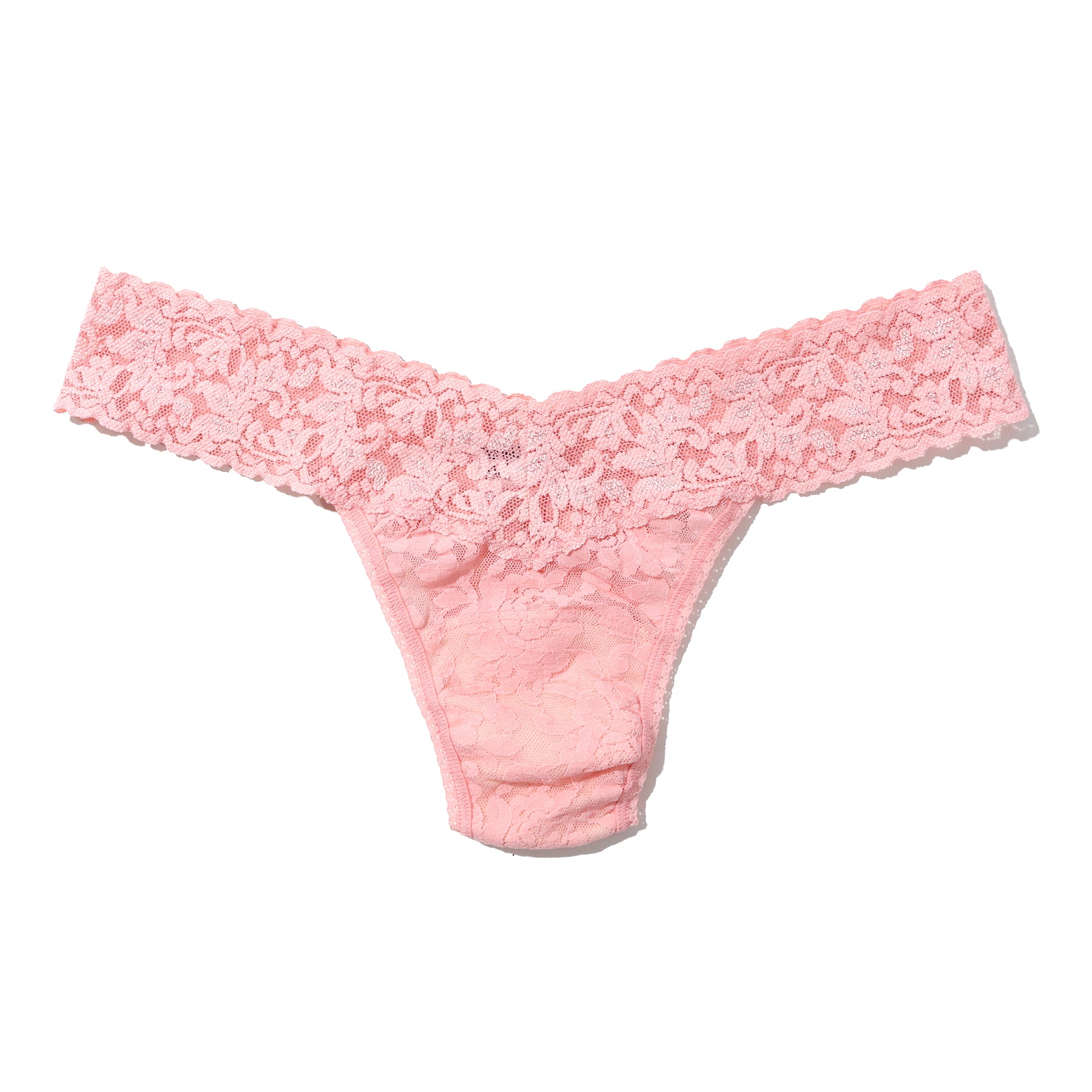 Hanky Panky Low Rise Thong in Pretty in Peach – blush pink lace thong with signature floral lace and flattering low-rise waistband.