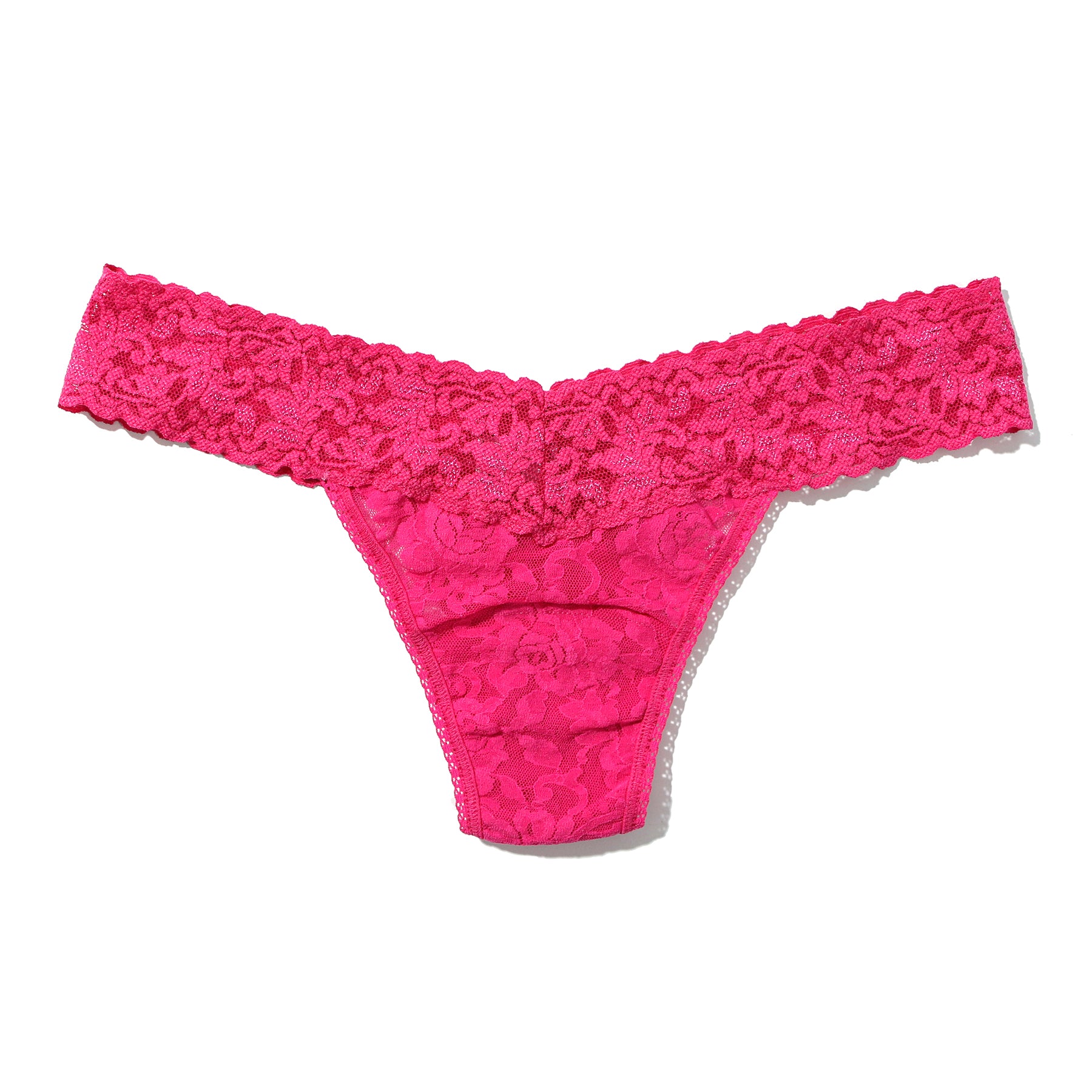 Hanky Panky lace low rise thong in un-beet-able pink, flat lay without model.