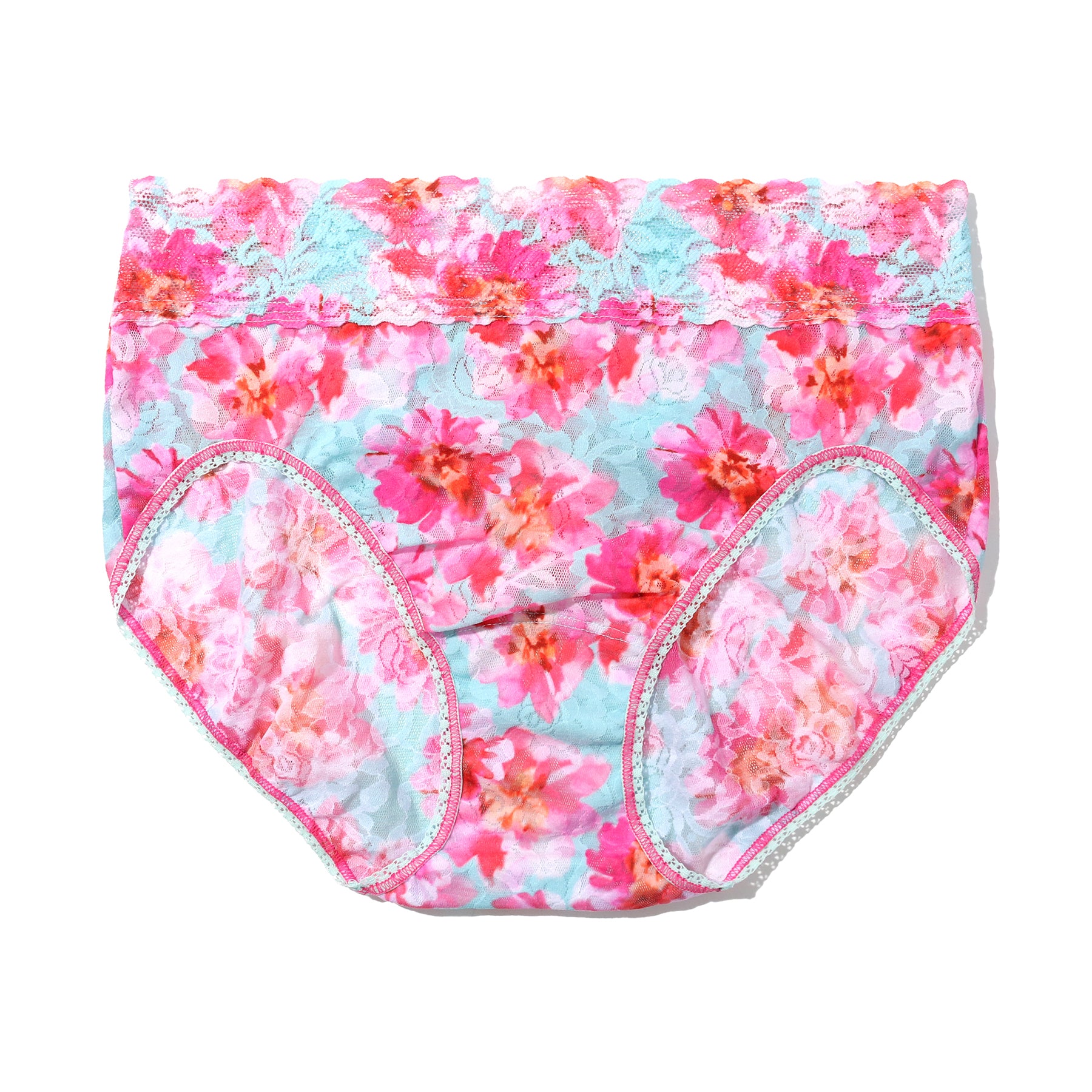 Hanky Panky printed lace french full brief in first bloom, pink and orange florals on a blue aqua background. Front view without model.