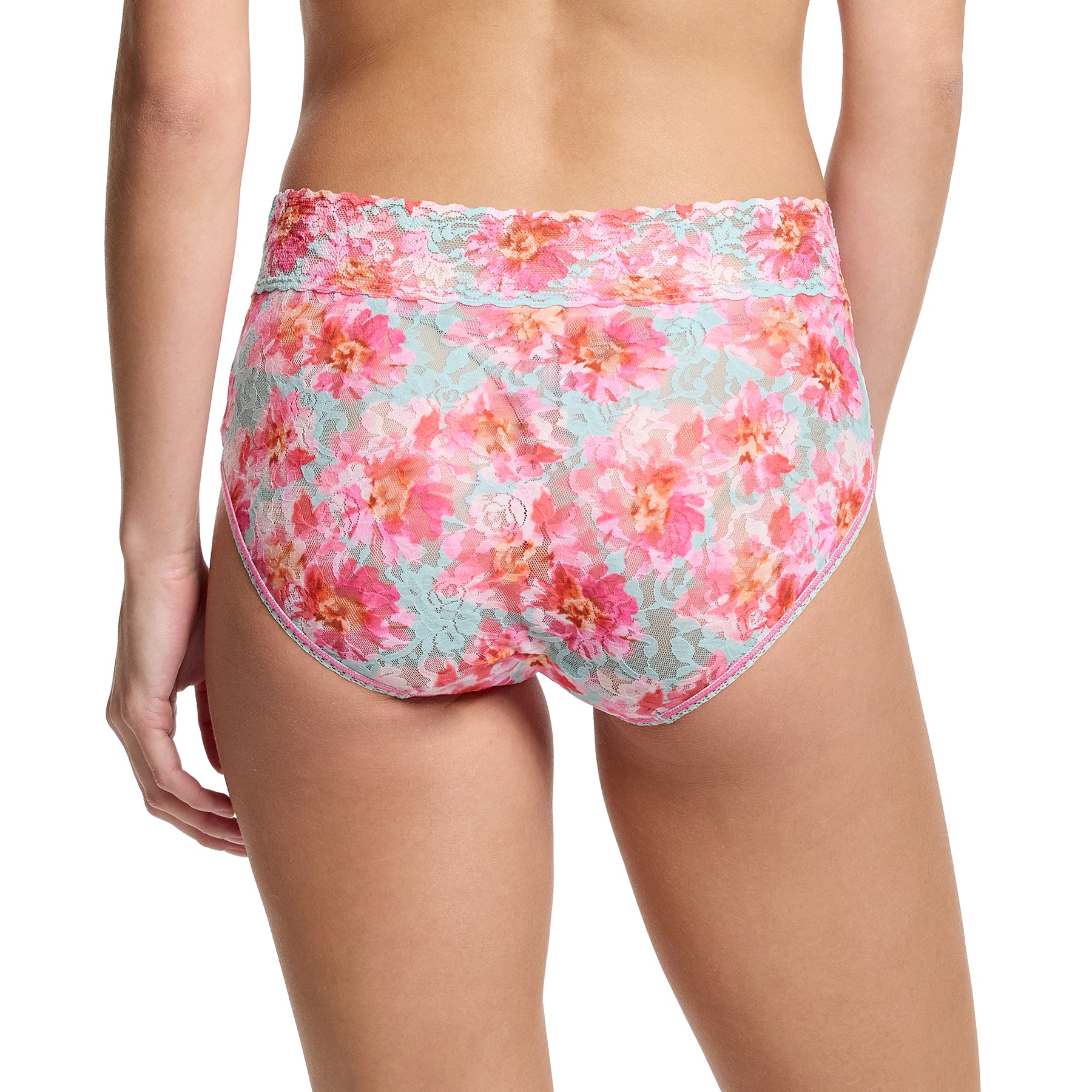 Hanky Panky printed lace french full brief in first bloom, pink and orange florals on a blue aqua background. Rear view on model.