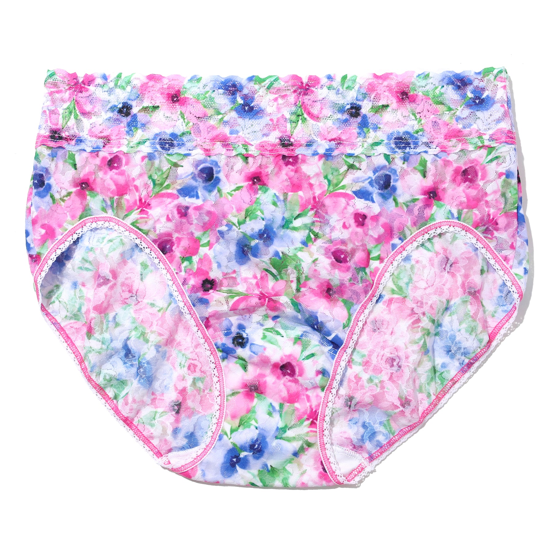 Hanky Panky printed lace high waist french cut full brief in paint and pour: pink, green and blue florals on a white background, flat lay without model.