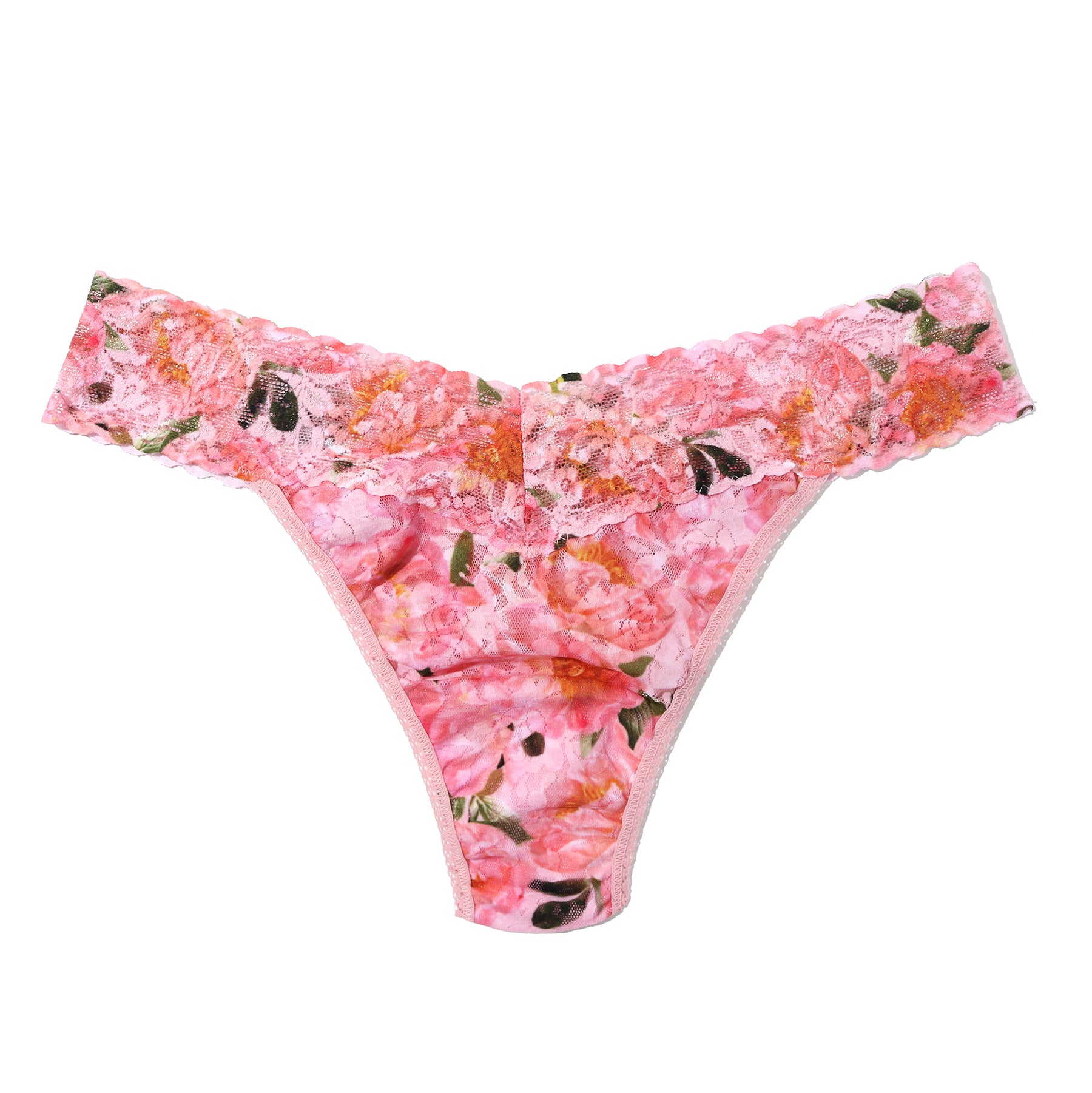 Pink floral lace original rise thong in the Dancing Petals print with scalloped lace waistband on a white background