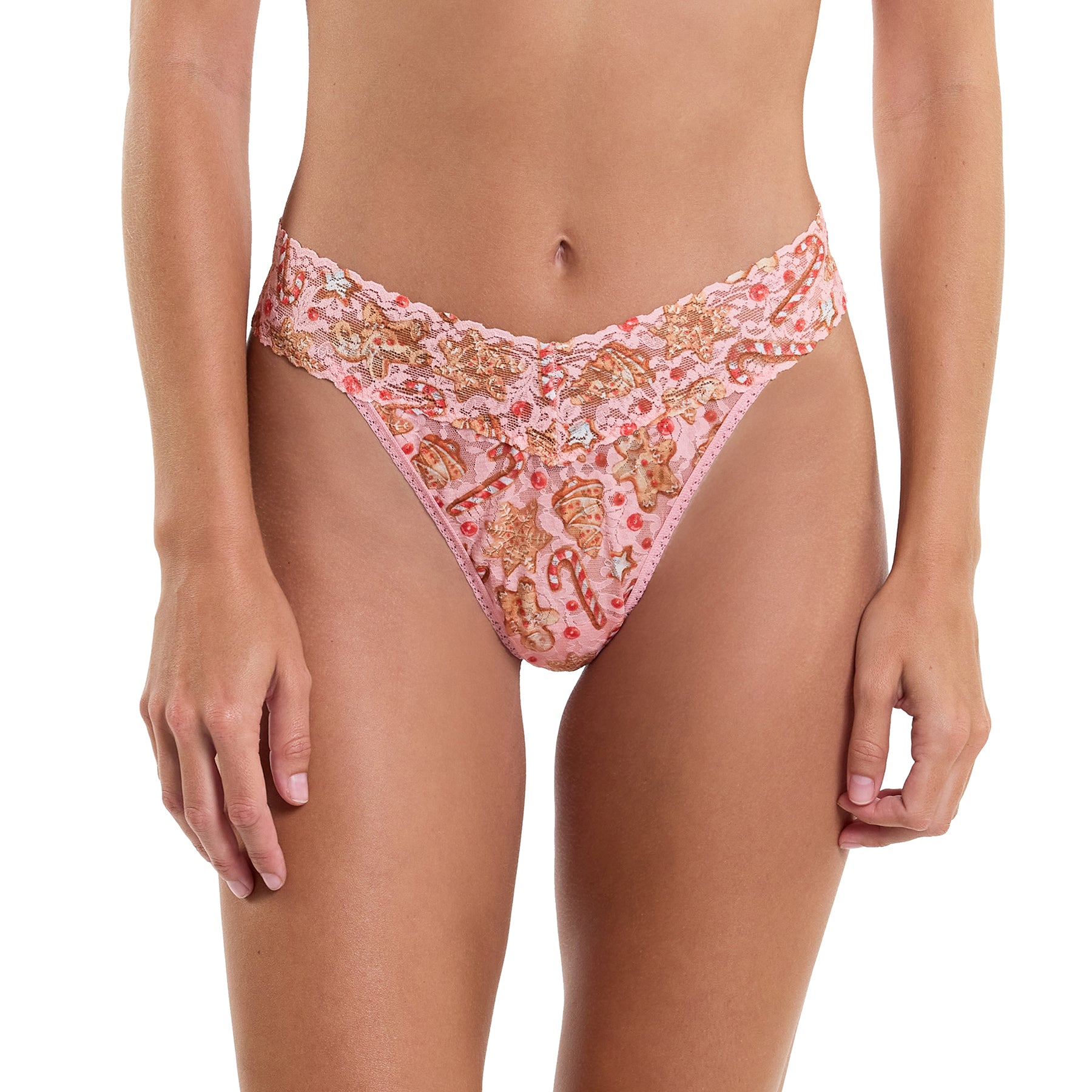 hanky panky printed lace original rise thong in candy cane gingerbread on model front view