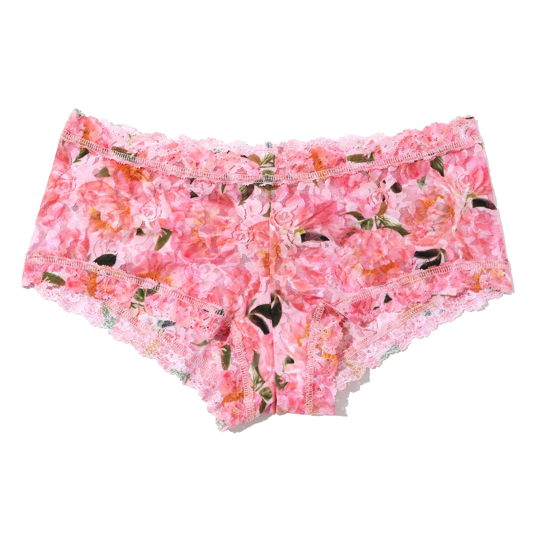 Pink floral lace boyshort with scalloped edges and soft stretch lace in the Dancing Petals print on a white background