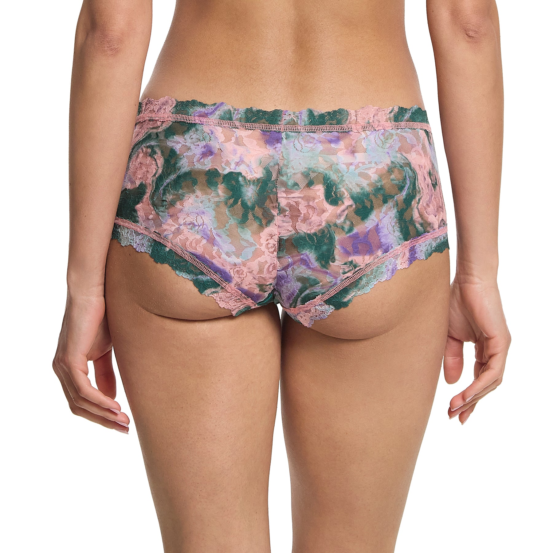 hanky panky printed lace boyshort in tie dye pink green painter on model rear view