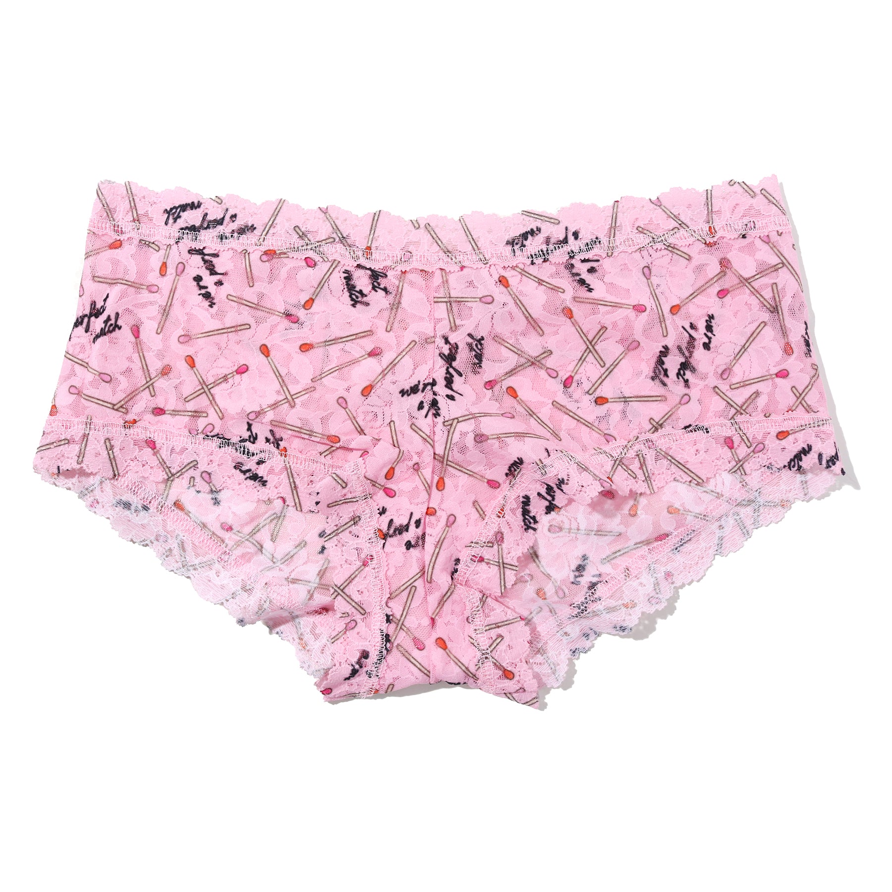 Pink lace boyshort in the Perfect Match print with matches illustrations and scalloped edges on a white background
