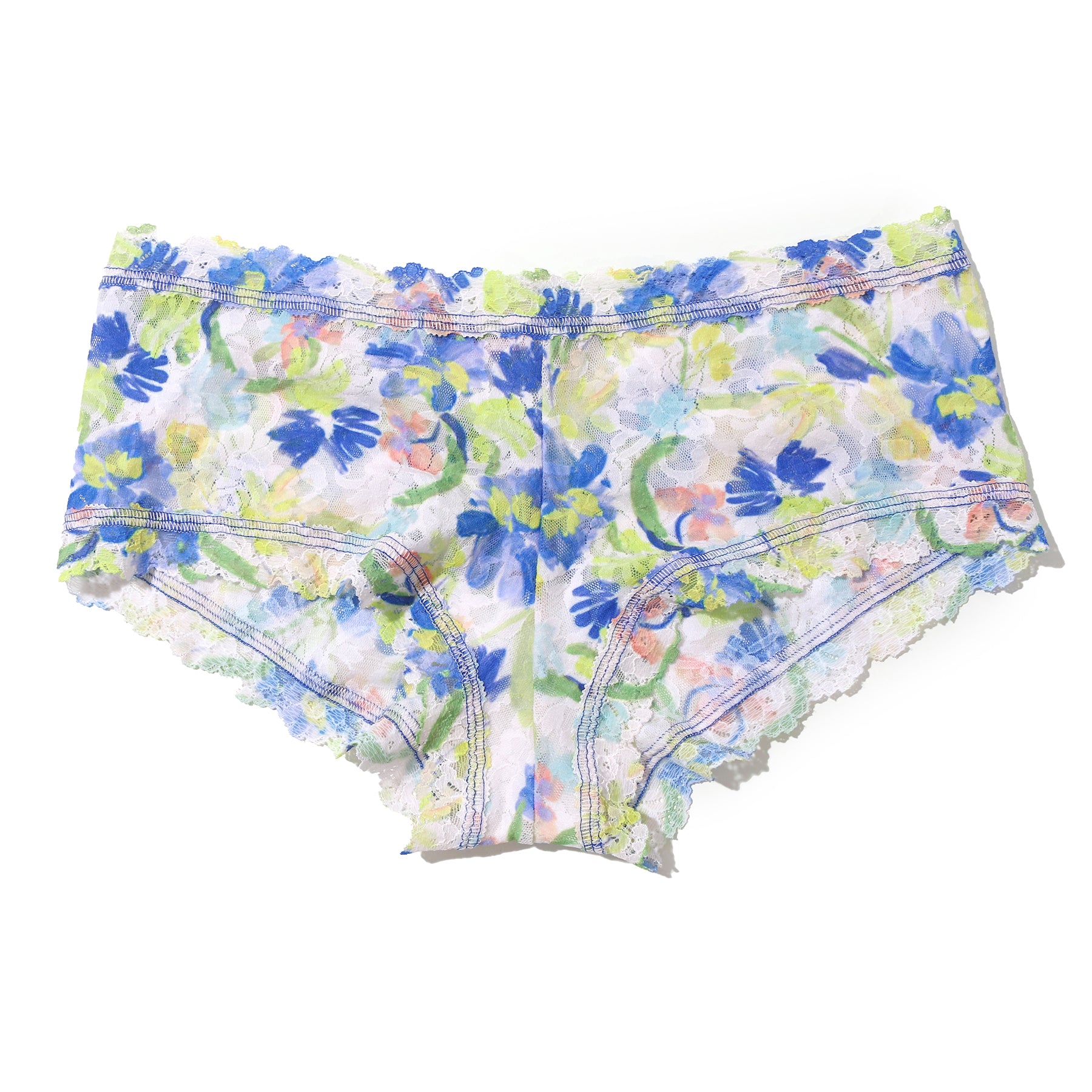 Hanky Panky Printed Lace Boyshort in Brush Strokes – flat lay product image showing multicolour floral stretch lace, scalloped edging, and signature boyshort silhouette.