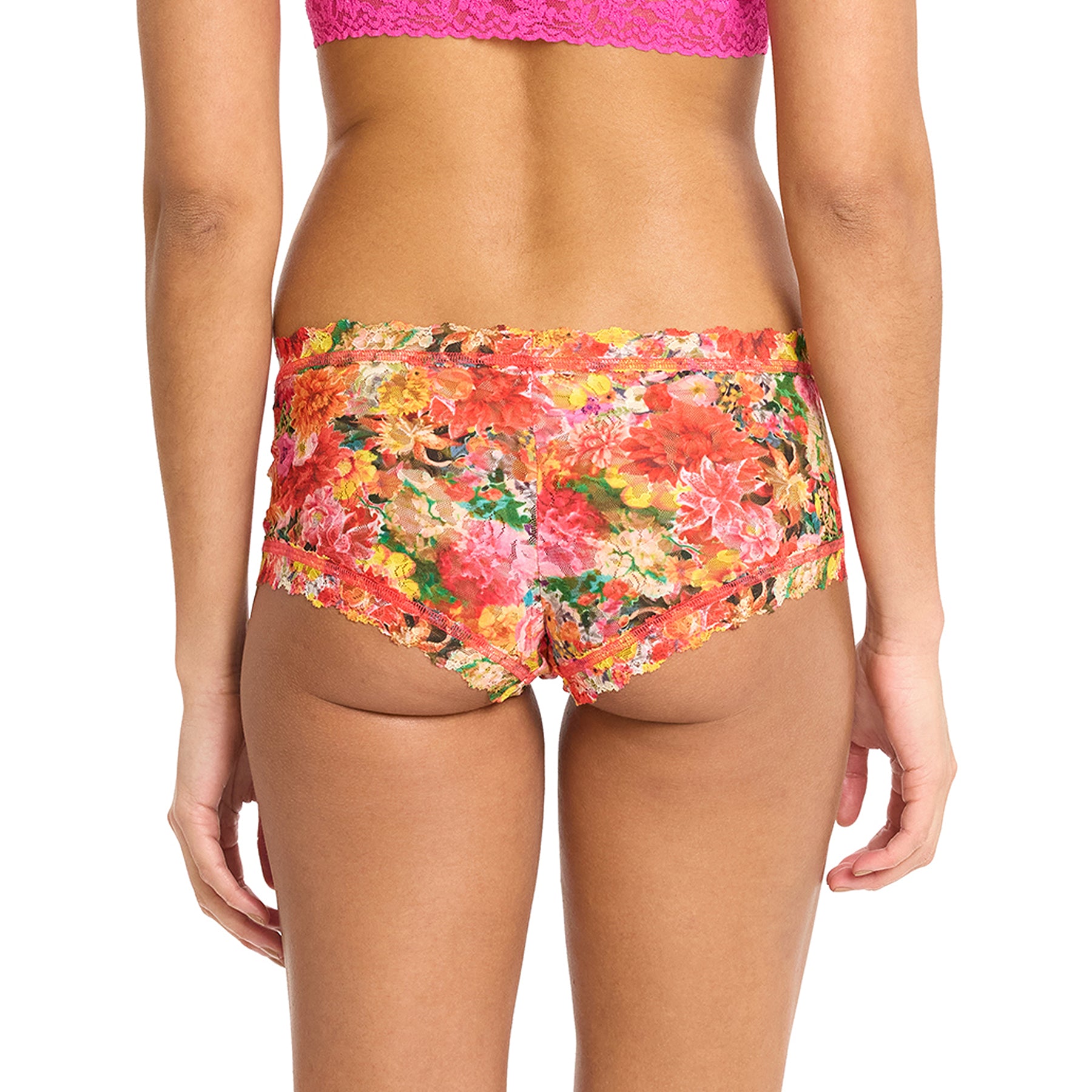 Back view of model wearing Floramania lace boyshort by Hanky Panky - full coverage design