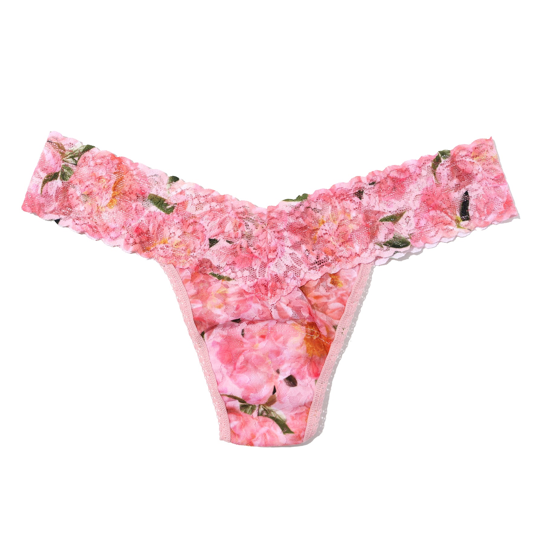 Pink floral lace low rise thong in the Dancing Petals print with soft stretch lace and scalloped waistband on a white background