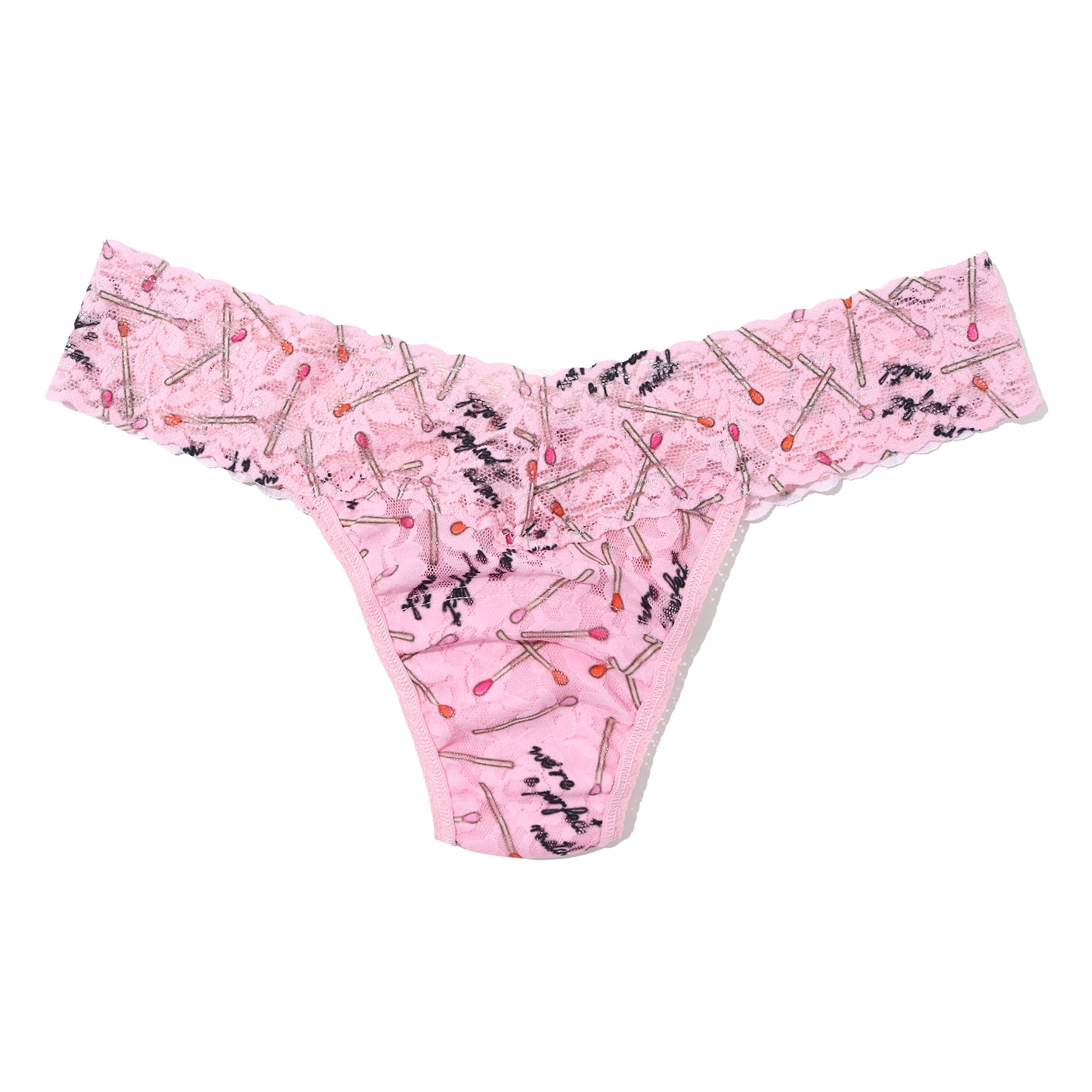 Pink printed lace low rise thong in the Perfect Match pattern with scalloped lace waistband on a pink background