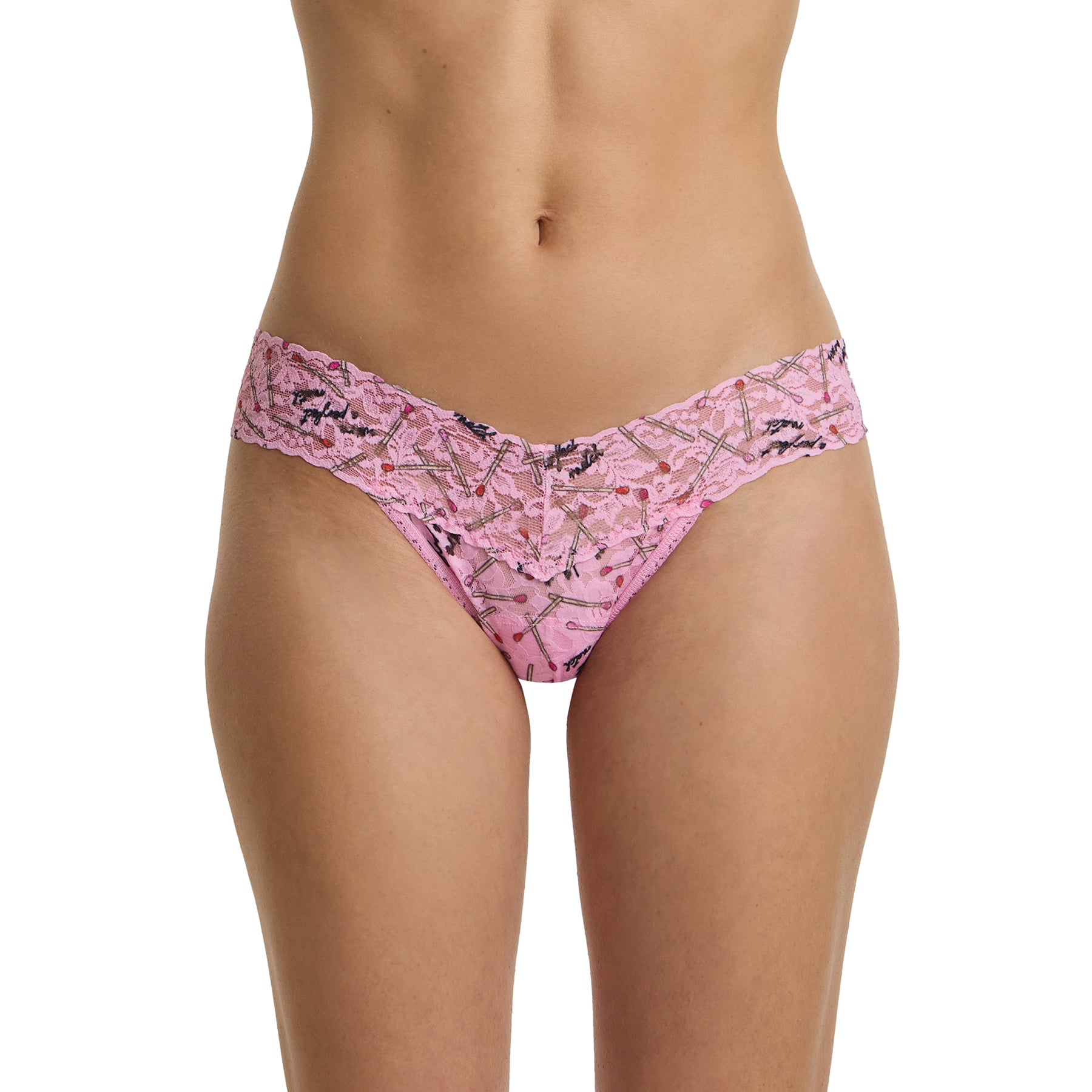 Model wearing pink printed lace low rise thong in the Perfect Match pattern with soft stretch lace front view