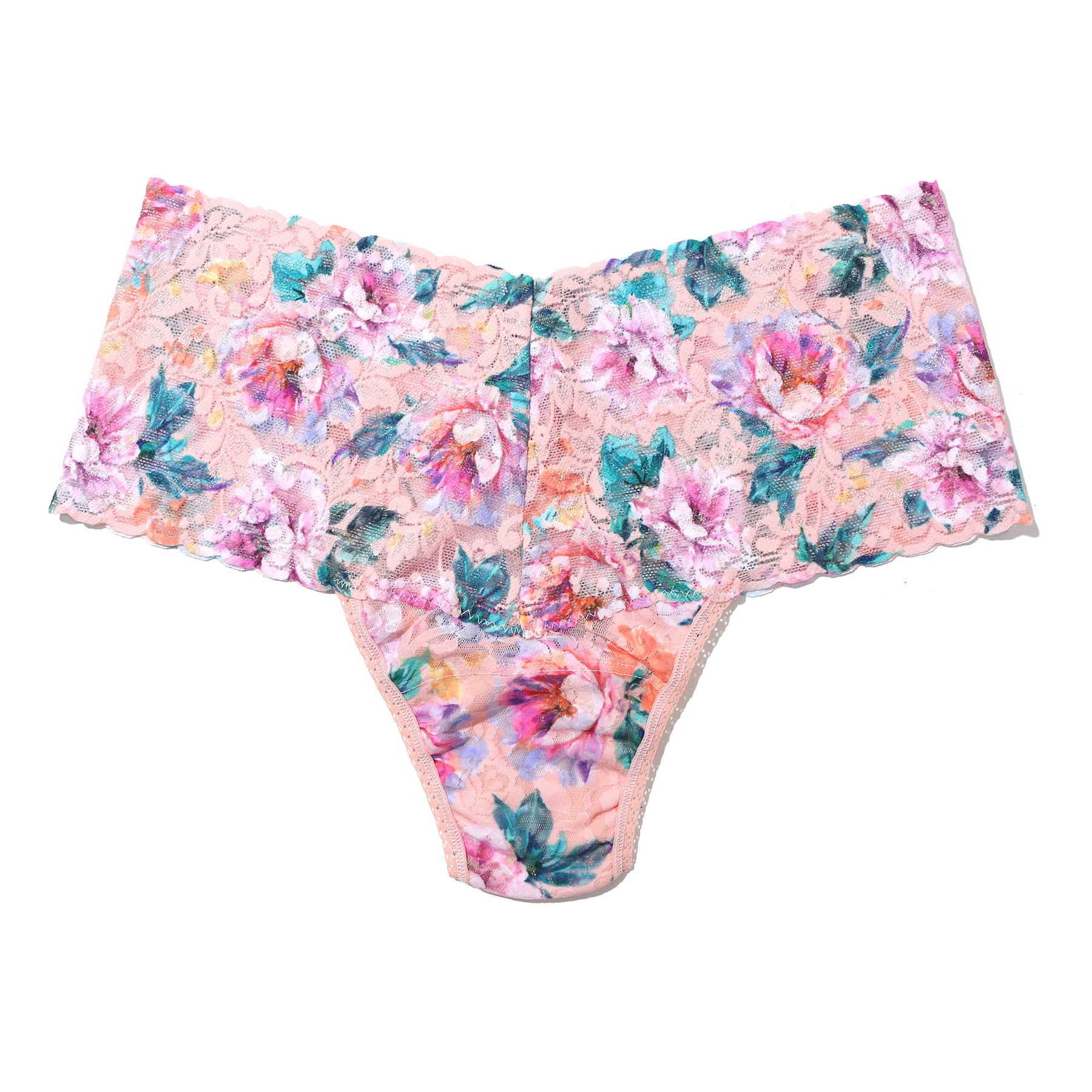 Hanky Panky Retro Thong in Buy Myself Flowers print – high-waisted stretch lace thong with vibrant floral pattern on soft peach background.