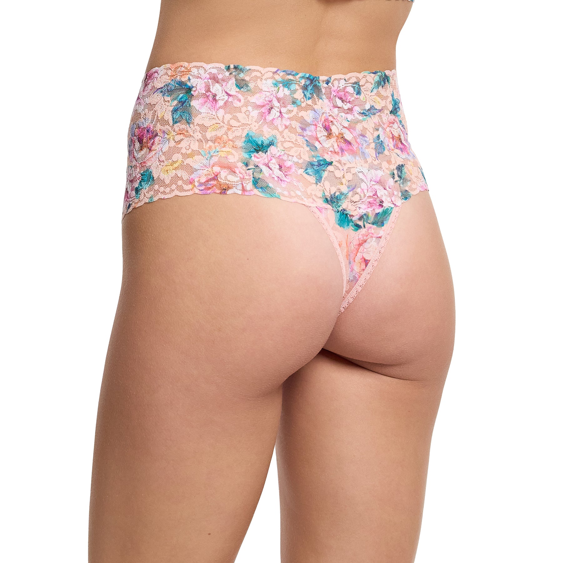 Back view of Hanky Panky Retro Thong in Buy Myself Flowers – cheeky thong with high-rise fit and vivid pink, green, and purple floral lace.