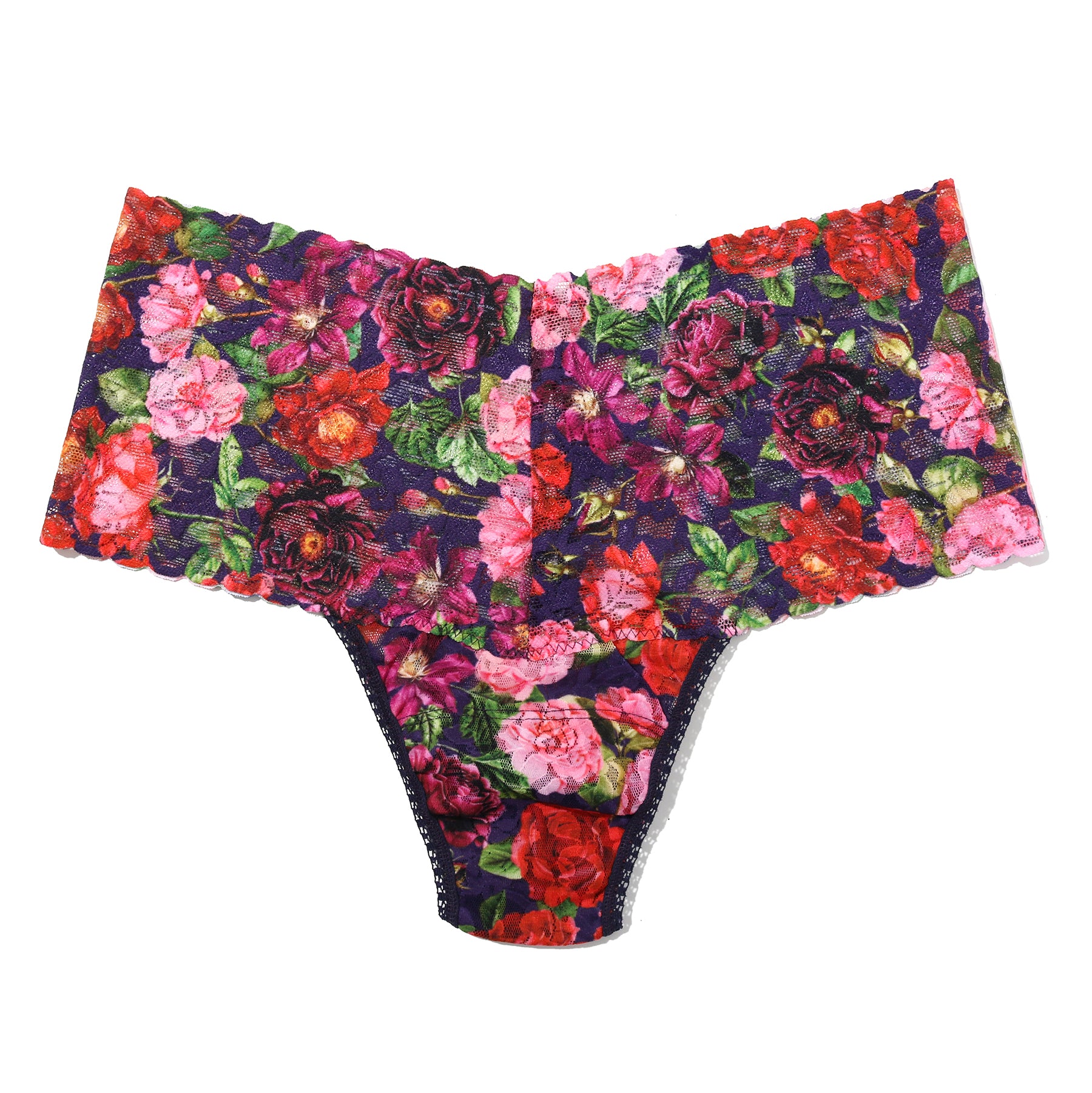 Hanky panky retro printed thong PR9K1926 in WTAN winter's tale. A navy background with pink and red florals. Flat lay without model.