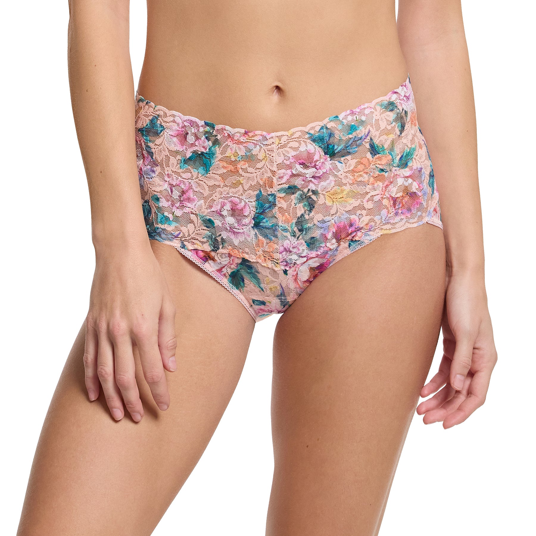 Front view of woman wearing Hanky Panky Printed V-kini Retro Brief – high-waisted lace panty in floral print with vintage-inspired silhouette.