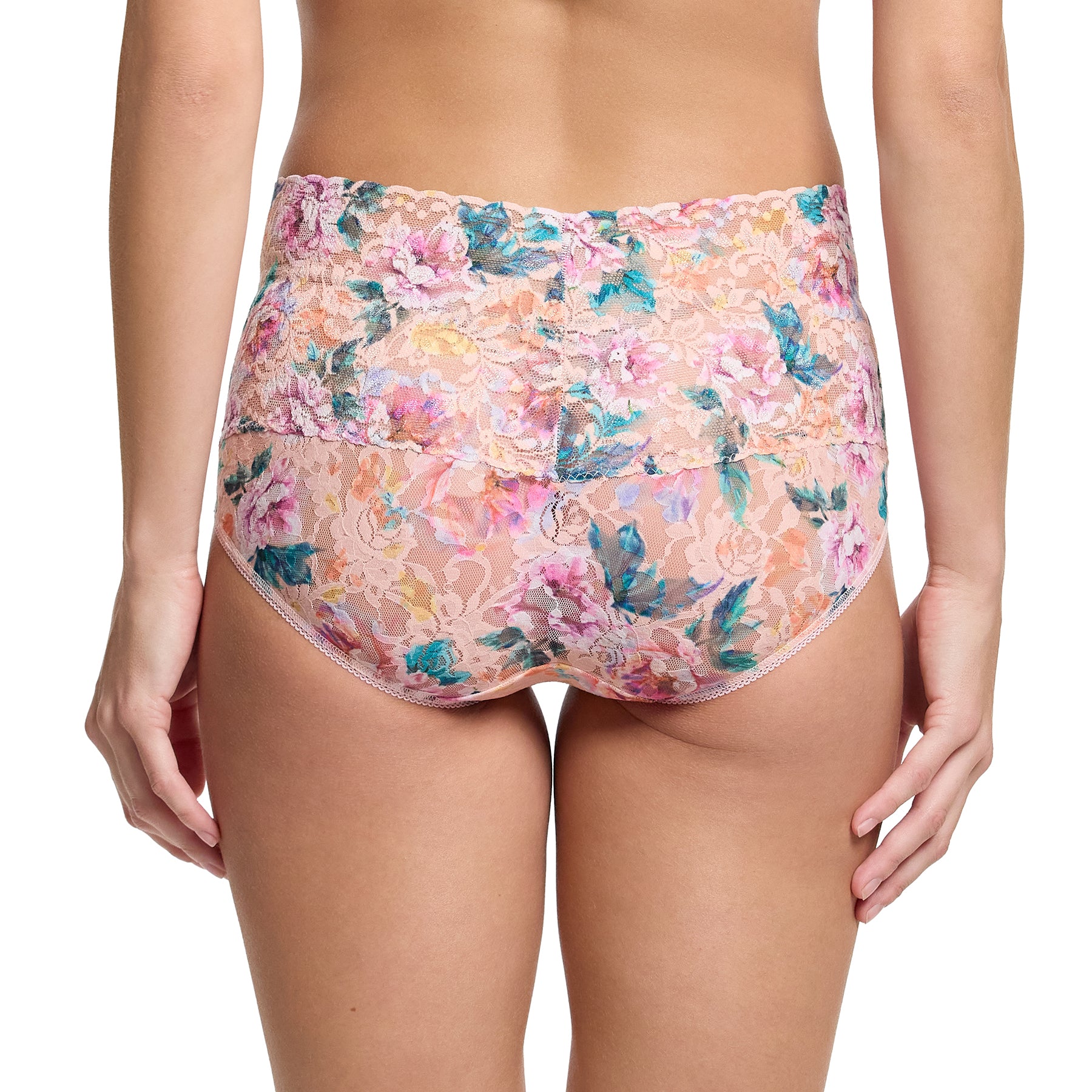 Back view of Hanky Panky V-kini Retro Brief in Buy Myself Flowers – full coverage printed lace brief with sheer finish and colorful floral details