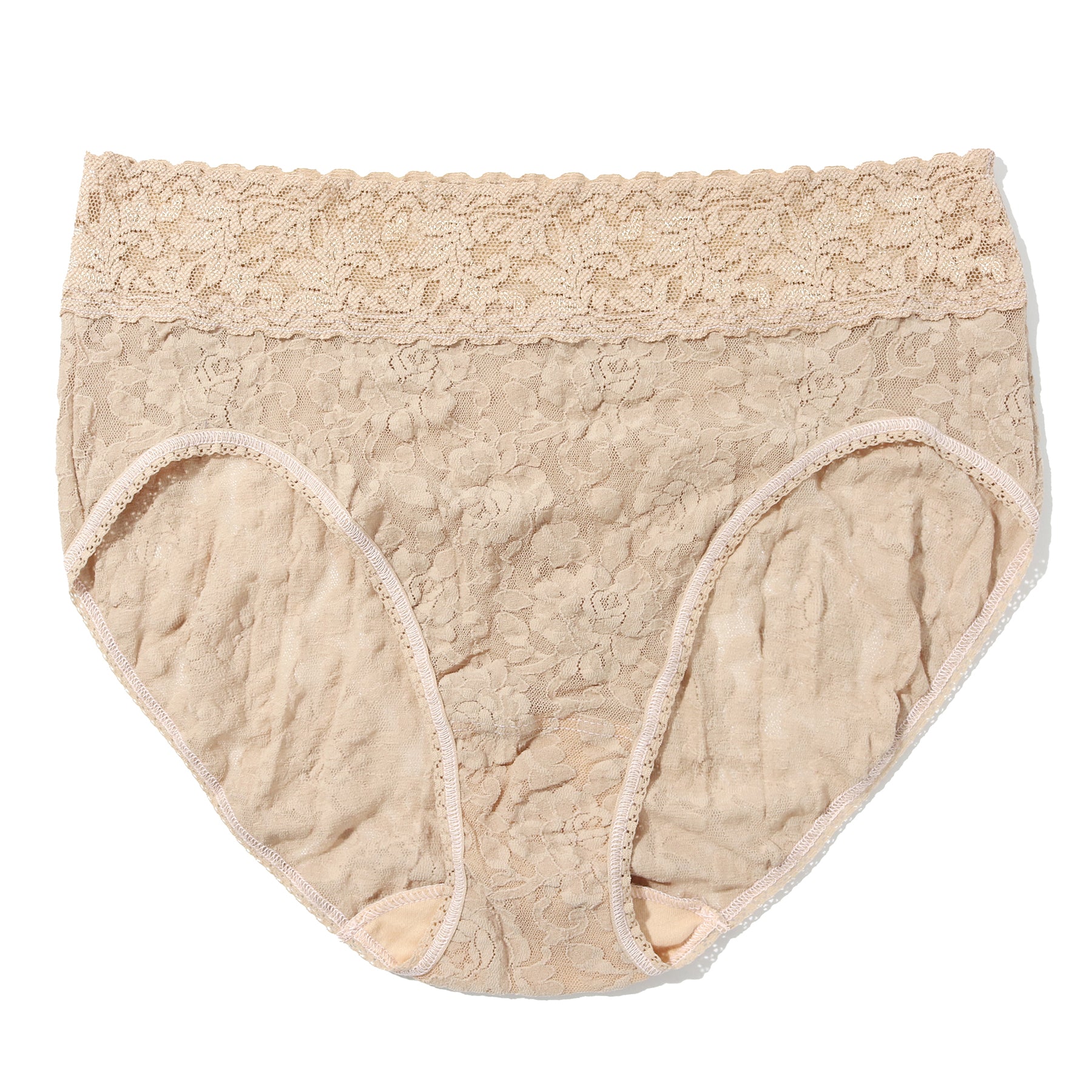 Hanky Panky Lace Full French Brief in Chai, laid flat to show soft stretch lace and high-rise silhouette with scalloped trim.