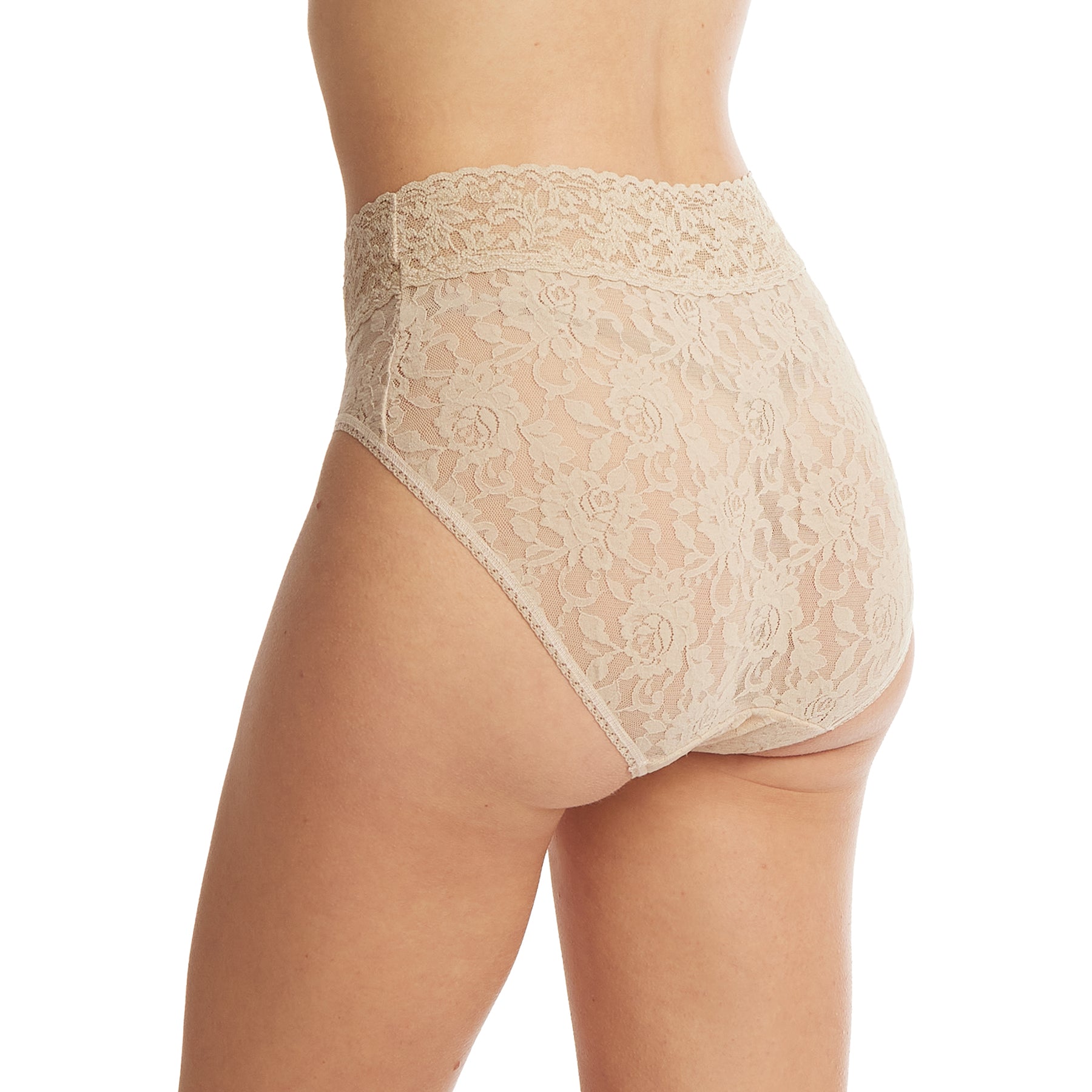 Side-back view of Hanky Panky Lace Full French Brief in Chai, soft high-waist lace panty with semi-sheer floral detailing.