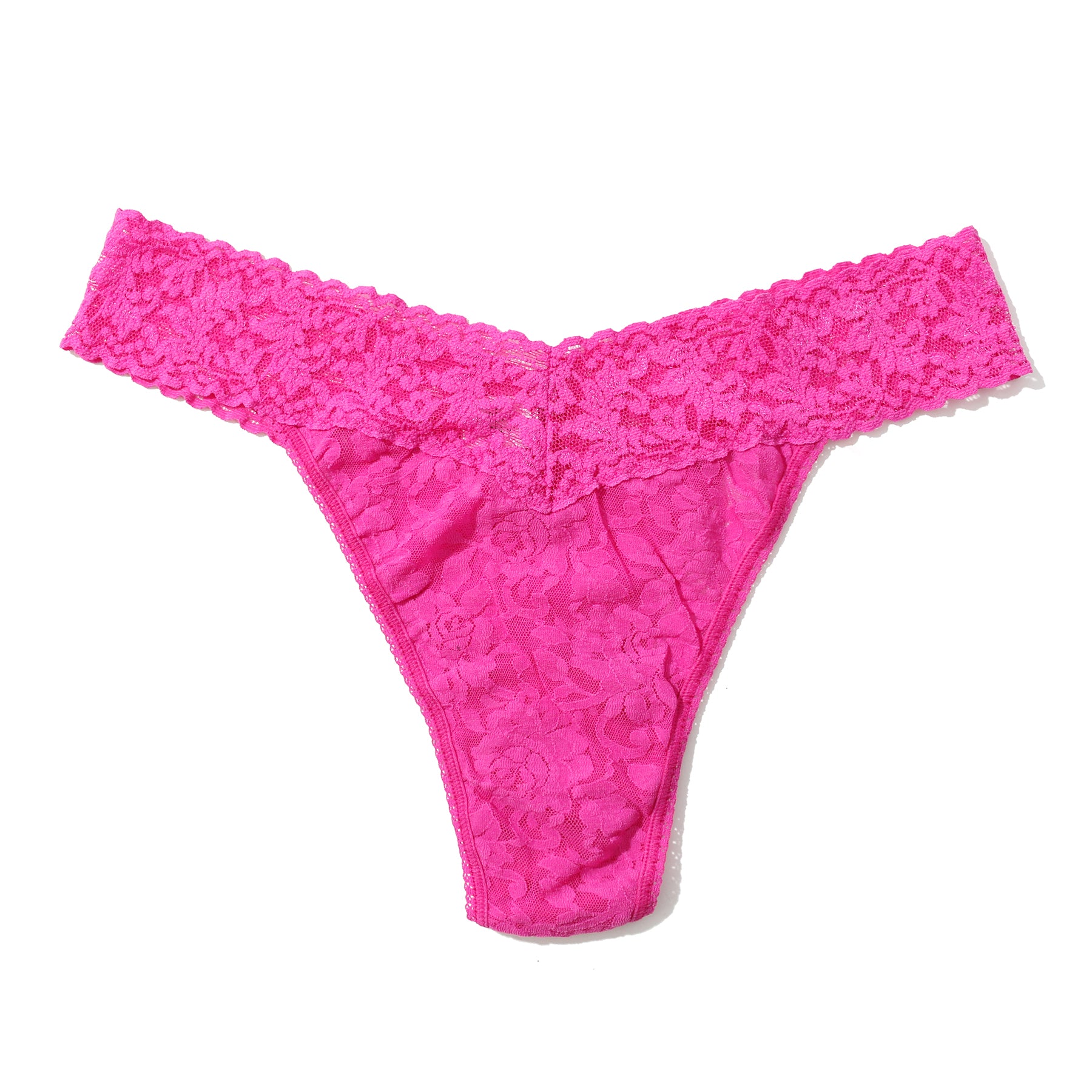 Flat lay of Hanky Panky Original Rise Thong in Marmalade - full lace detail on waistband and body