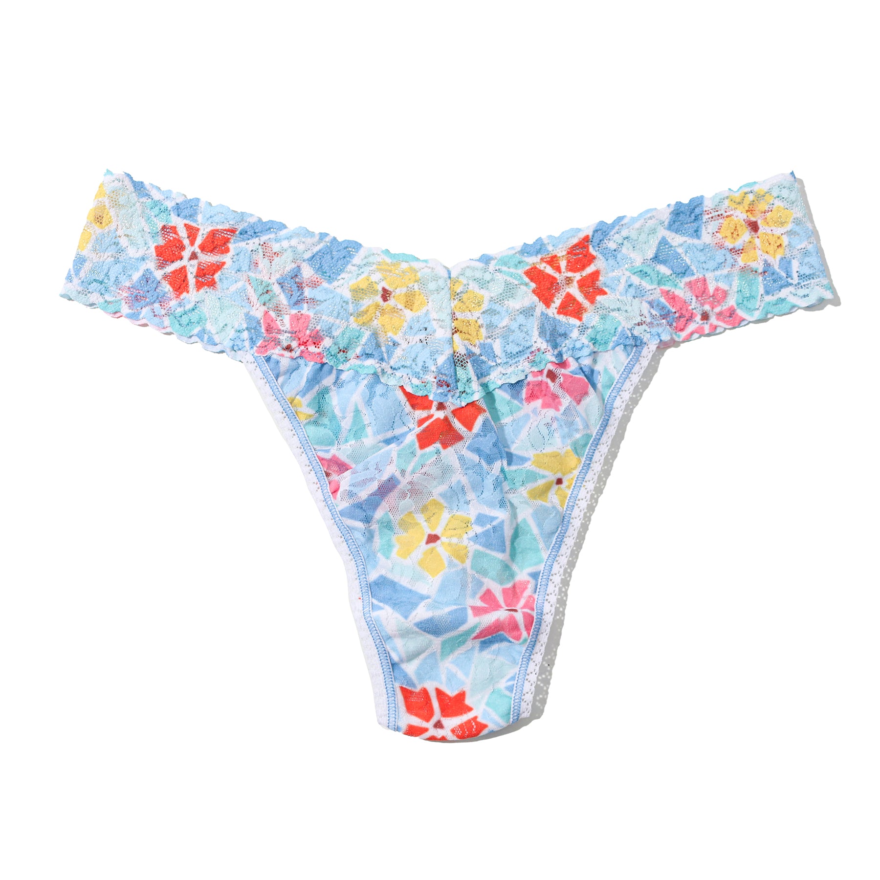 Flat lay of Hanky Panky Floral Mosaic Original Rise Thong with colourful floral tile pattern.