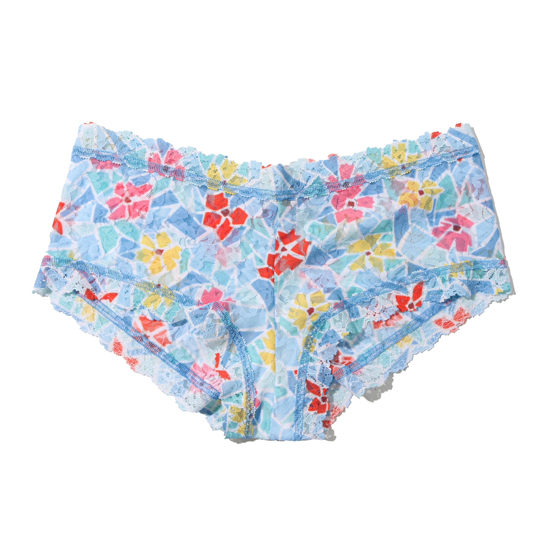Flat lay of Hanky Panky Boyshort in multicolour tile-inspired floral lace.