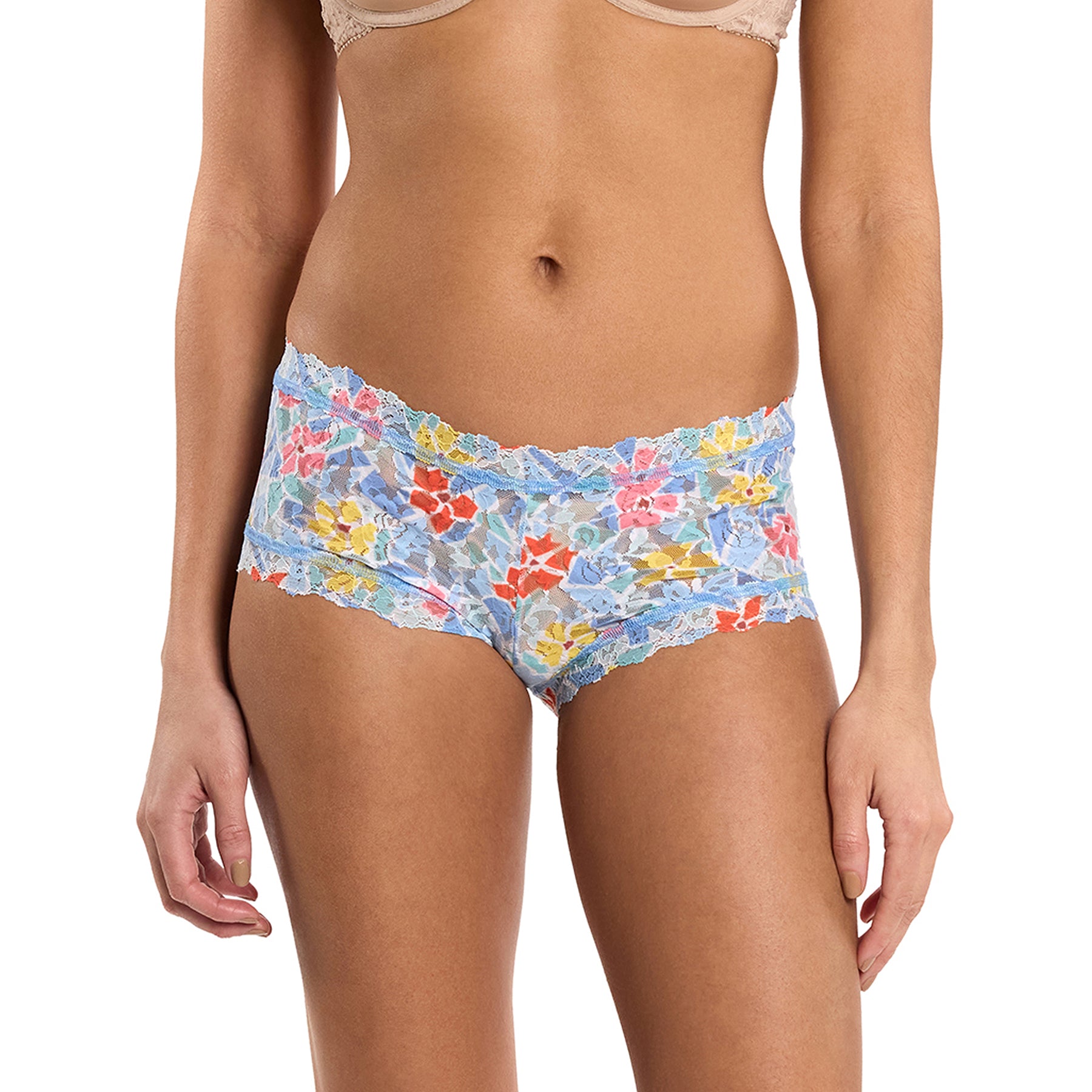 Front view of Hanky Panky lace boyshort in colourful Floral Mosaic pattern.