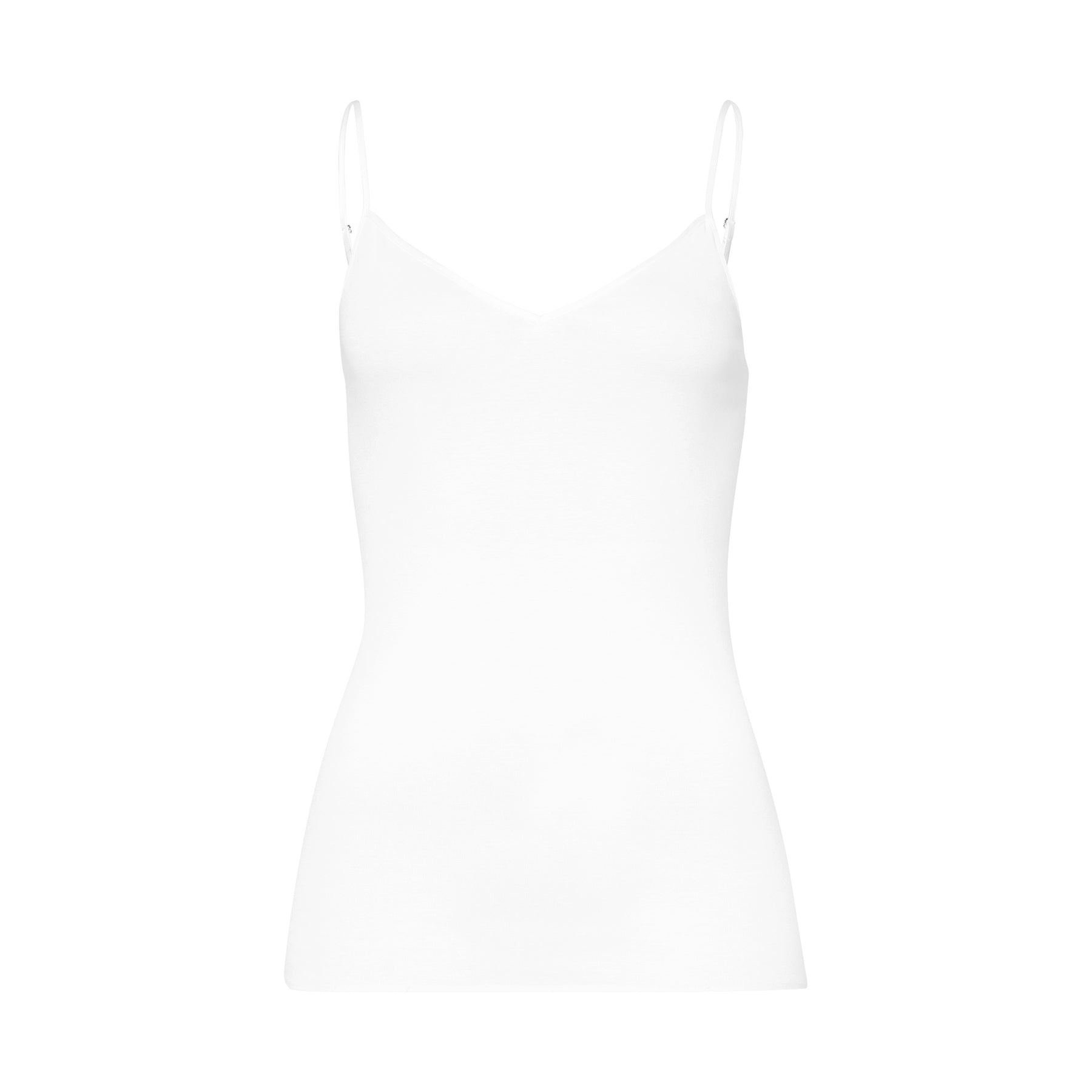hanro cotton seamless v-neck camisole white 101 flat lay front view (no model)